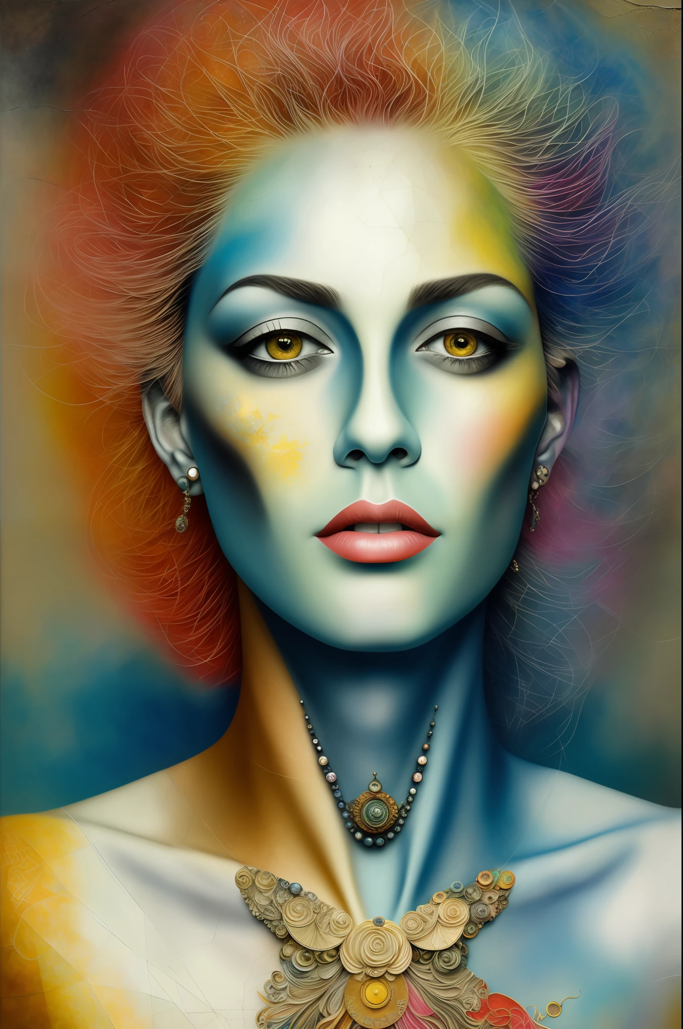 female celestial detailed and highly reliefed analogue mixed media collage with canvas texture in style of conteporary art, punk art, hyperrealistic beautiful face, photorealistic, expressionism, masterpiece, perfect composition, spectacular quality, intricate oil details