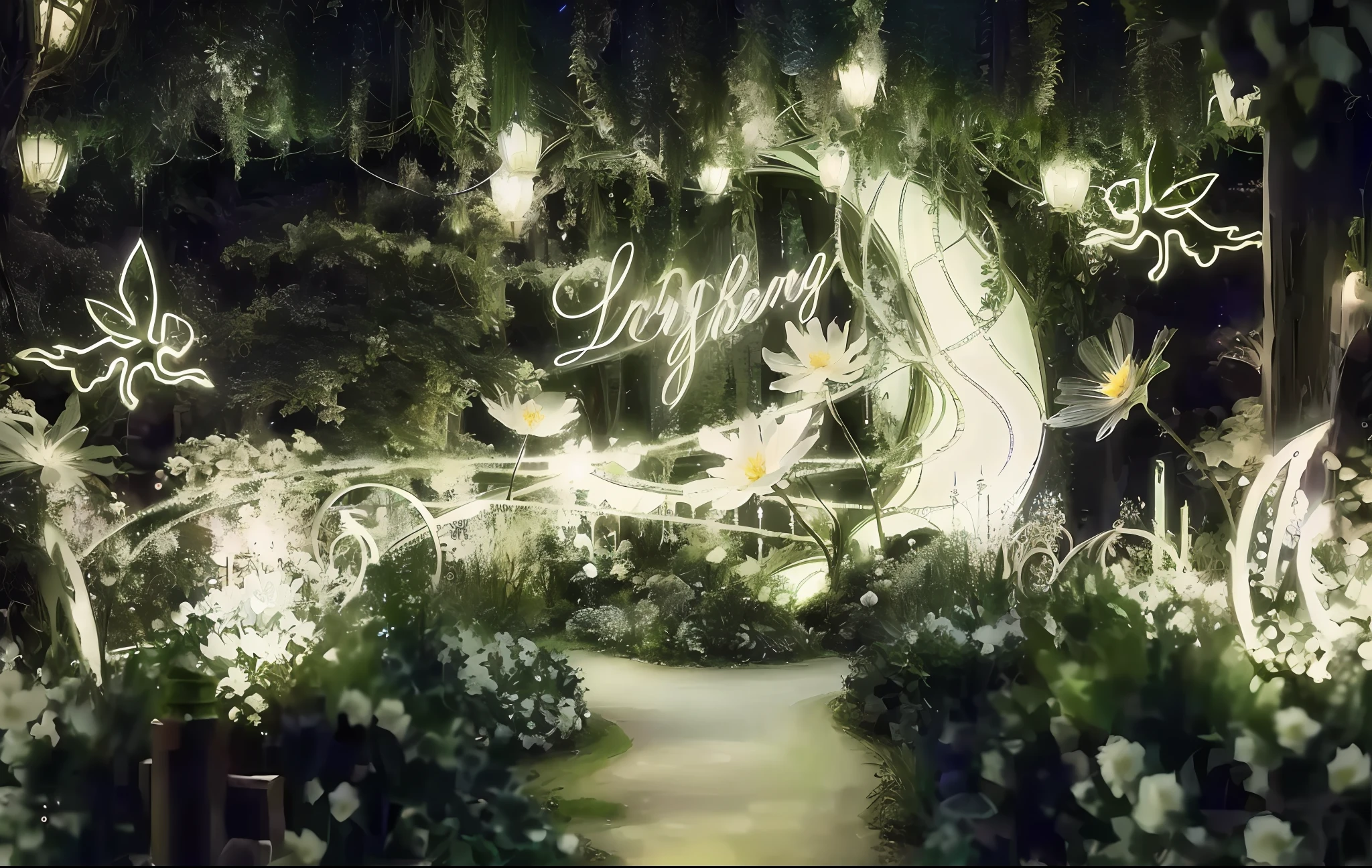 Very large flower light display in the garden, photos of the magic garden, magic fantasy forest, fairy bridge, fairyland, very magical and dreamy, magic garden, paradise like fairyland, kingdom of light background, forest theme, magic and magic forest, magical fairy tale background, ethereal and dream theme, magical wonderland, flower environment, low saturation, dream blur filter