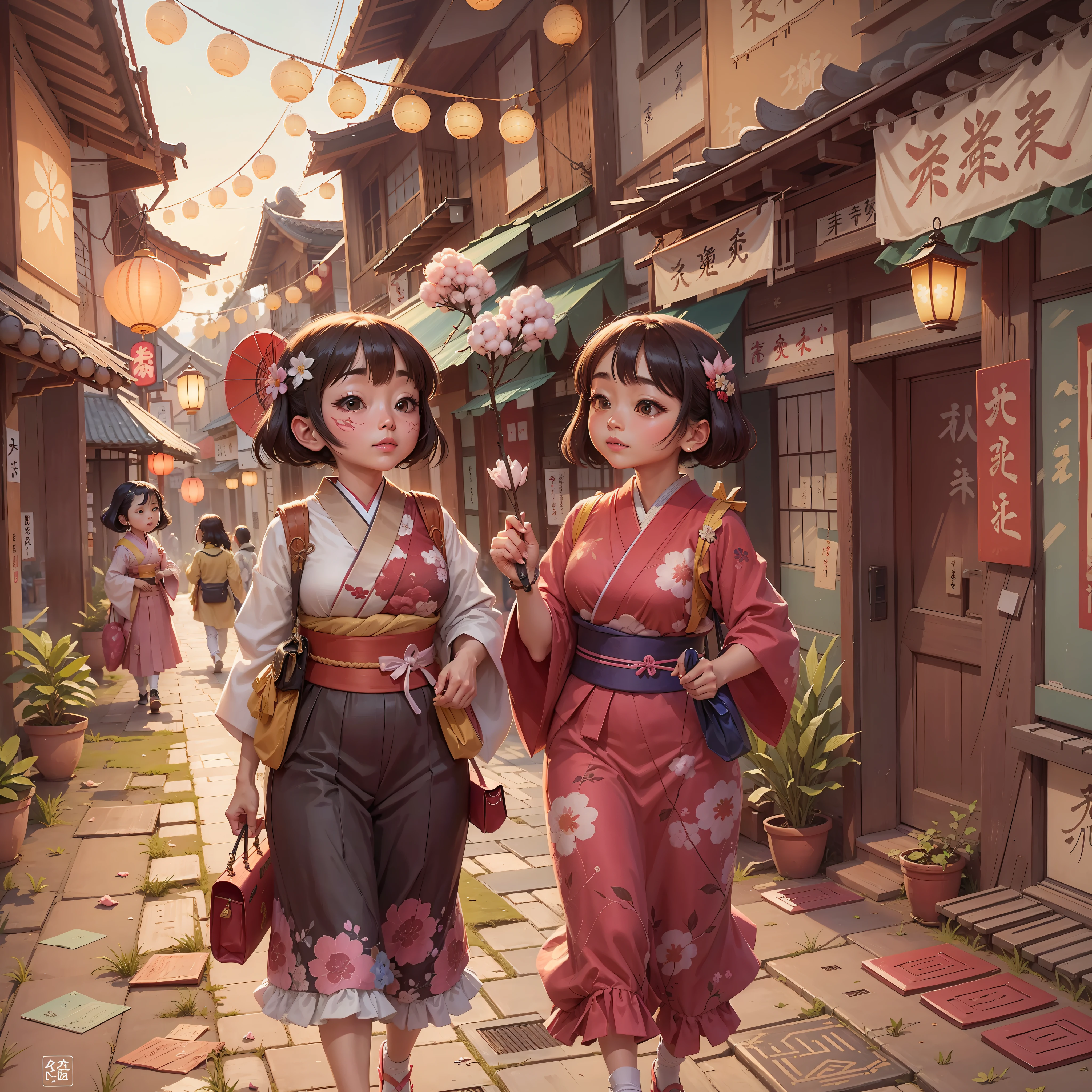 Two beautiful women in Japanese clothes, walking through the streets of the ancient capital, cotton candy, festival, sunset --auto --s2