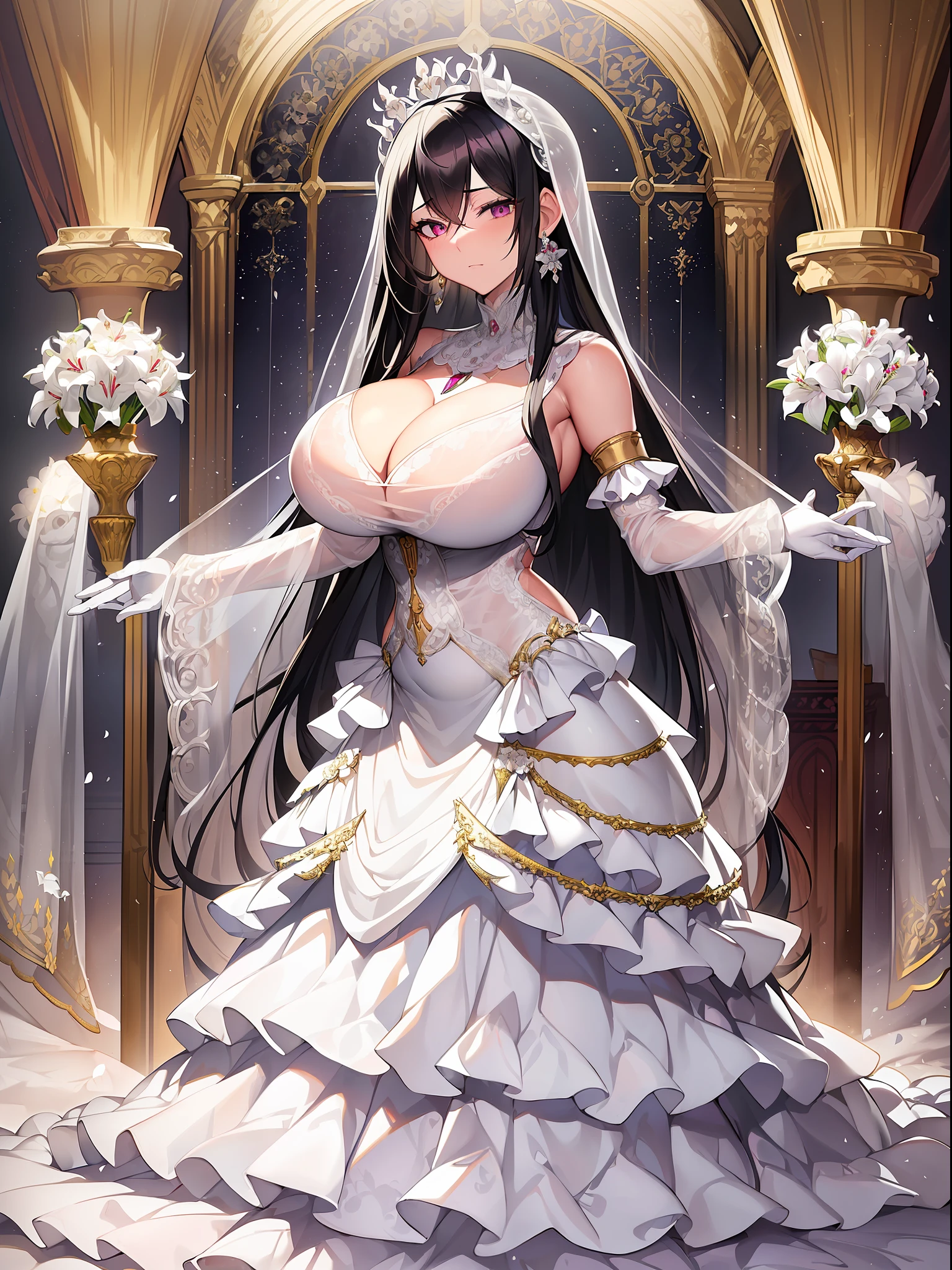 ((anime artstyle)),(((Masterpiece))), ((Best Quality)), ((Super Detail)), Illustration, (((Very Delicate and Beautiful))),Dynamic Angle,Looking at viewer,((((Solo)))),June bride,((((1 arrogant empress in See-through white wedding dress having a wedding ceremony in a royal palace)))), in the flower garden,((((Full body)))),(standing),(((embarrassed))),(blash),Purple eyes,(Sharp eyes),Detailed Face, Long Eyelashes,Jet Black Hair,(Straight Hair),((Very Long Hair)),Bangs between eyes, ((((gigantic breasts)))),cleavage,skindentation,curvy,See-through,(((fusion of See-through white wedding dress and white rococo ball gown))),(fluffy See-through white wedding dress with gorgeous embroidery),((hoop skirt)),long skirt,corset,crinoline,(long wedding veil),opera gloves,finely decorated jeweled big tiara, gem earrings,finely decorated necklace,Beautifully jeweled ornaments,indoor,((white lily flowers)), flower petals flowing,Stained glass,light particles,