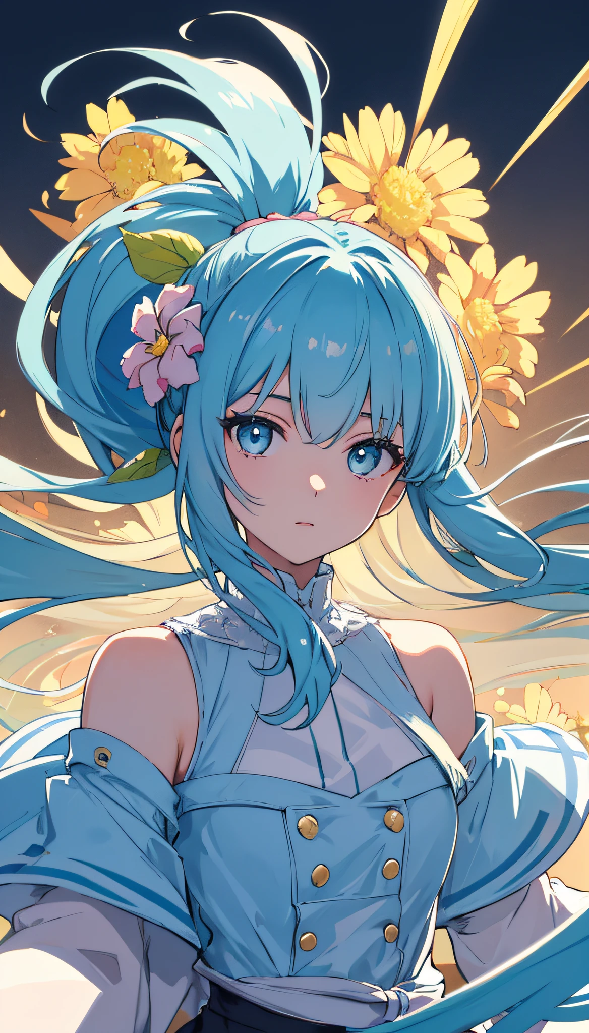 (masterpiece), (best quality), (ultra detailed),(disheveled hair),(illustration), (1girl), (Fashionable clothing), standing, Fashion model, looking at viewer, (interview), (simple background),beautiful detailed eyes, delicate beautiful face, Floating,(high saturation),(colorful splashes),colorful bubble,(shining), focus on face, ponytail, kamisato ayaka, light blue hair, bangs, hair ring, floating flowers, floating hairs, (shining), best lighting, best shadow,