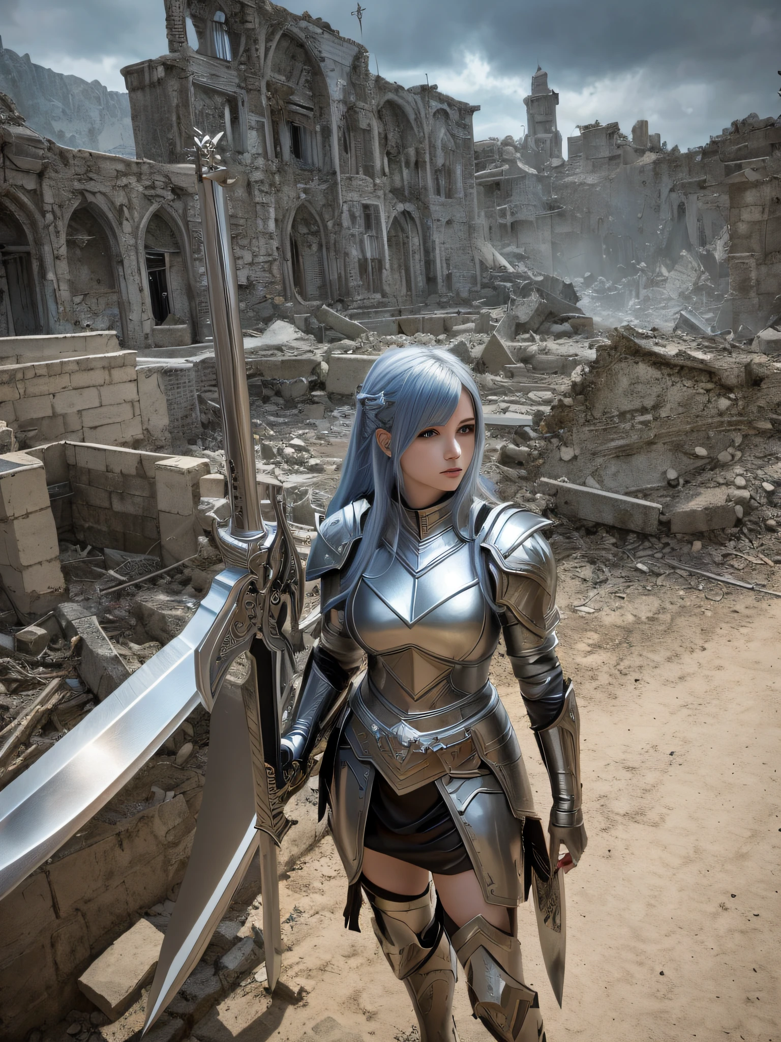 arafed woman in armor holding a sword in a ruined city, angel knight girl, angel knight gothic girl, epic fantasy art style hd, mechanized valkyrie girl, as a mystical valkyrie, 4k fantasy art, high quality fantasy art, 2. 5 d cgi anime fantasy artwork, epic fantasy digital art style, fantasy epic digital art, epic fantasy digital art