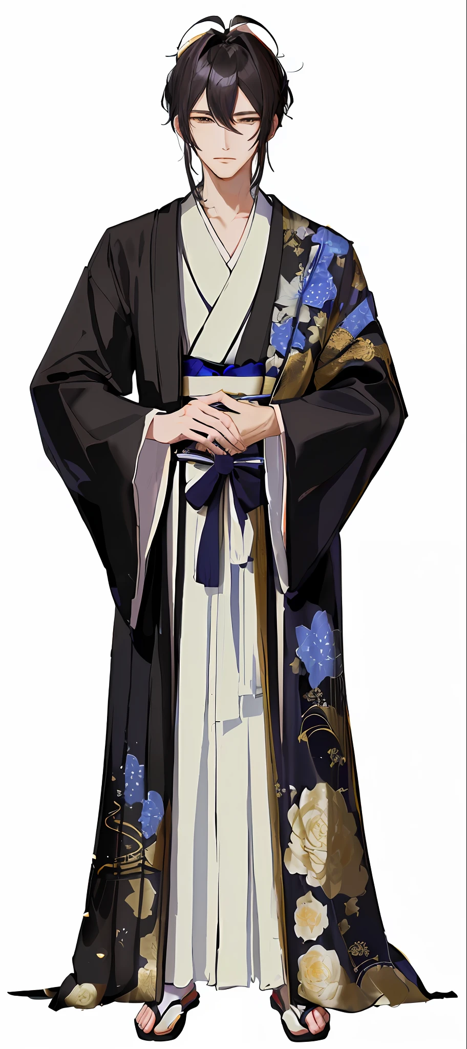 A close-up of a man holding a flower in a costume, ((wearing a noble robe)), wearing a flowing robe, Shinosuke Yagaki, inspired by Sesshu Tōyō, wearing a dark robe with gold accents, Masamune Shiro, Takushiro Nipponkata, Hakama Kimono, Miyamoto Musashi