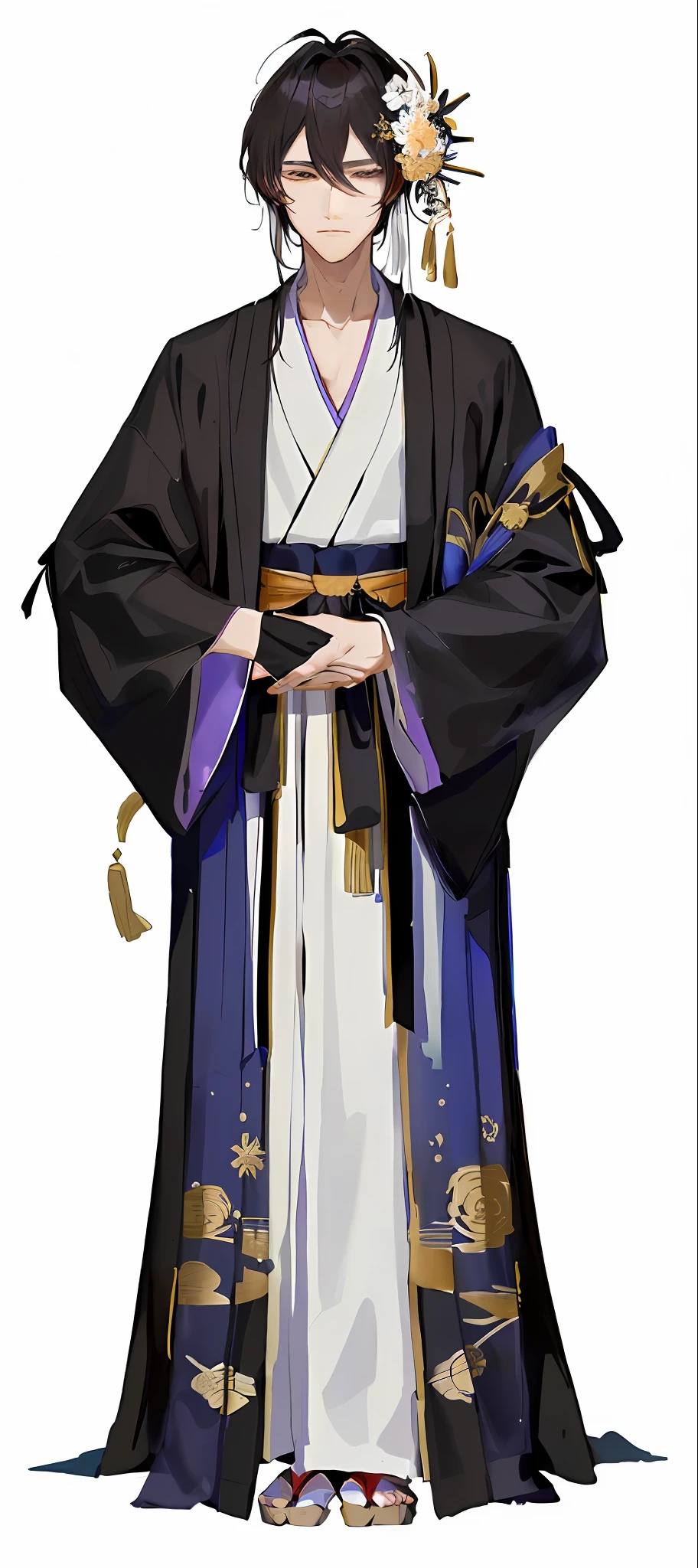 A close-up of a man holding a flower in a costume, ((wearing a noble robe)), wearing a flowing robe, Shinosuke Yagaki, inspired by Sesshu Tōyō, wearing a dark robe with gold accents, Masamune Shiro, Takushiro Nipponkata, Hakama Kimono, Miyamoto Musashi