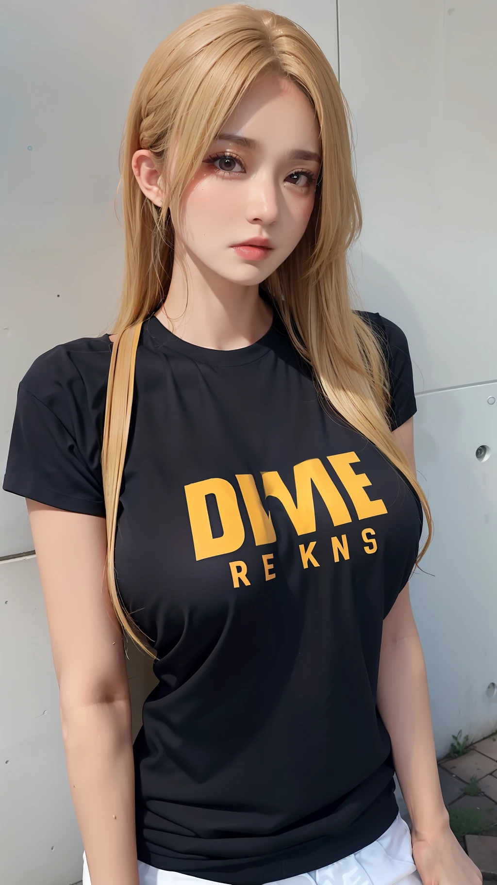 (1girl),large breasts,  breasts, tan, dewy skin, sweaty skin, wavy blonde hair, punk tshirt, punk girl