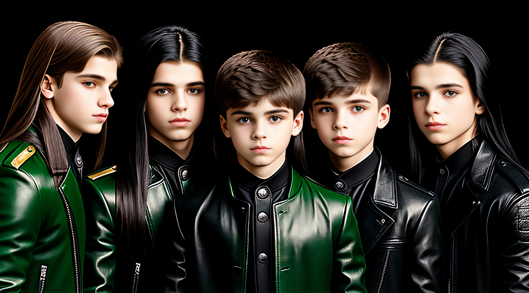 4 BOYS Russian children 20 years old, WITH LONG DARK STRAIGHT HAIR, WITH GREEN LEATHER OVERCOAT, PORTRAIT STYLE, WITH BLACK BACKGROUND.