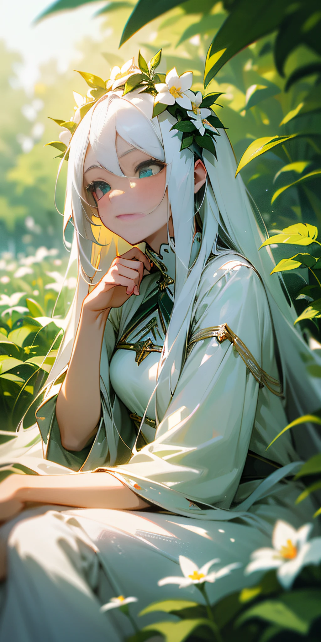 (masterpiece, best quality),1girl with long white hair sitting in a field of green plants and flowers, her hand under her chin, warm lighting, white dress, blurry foreground