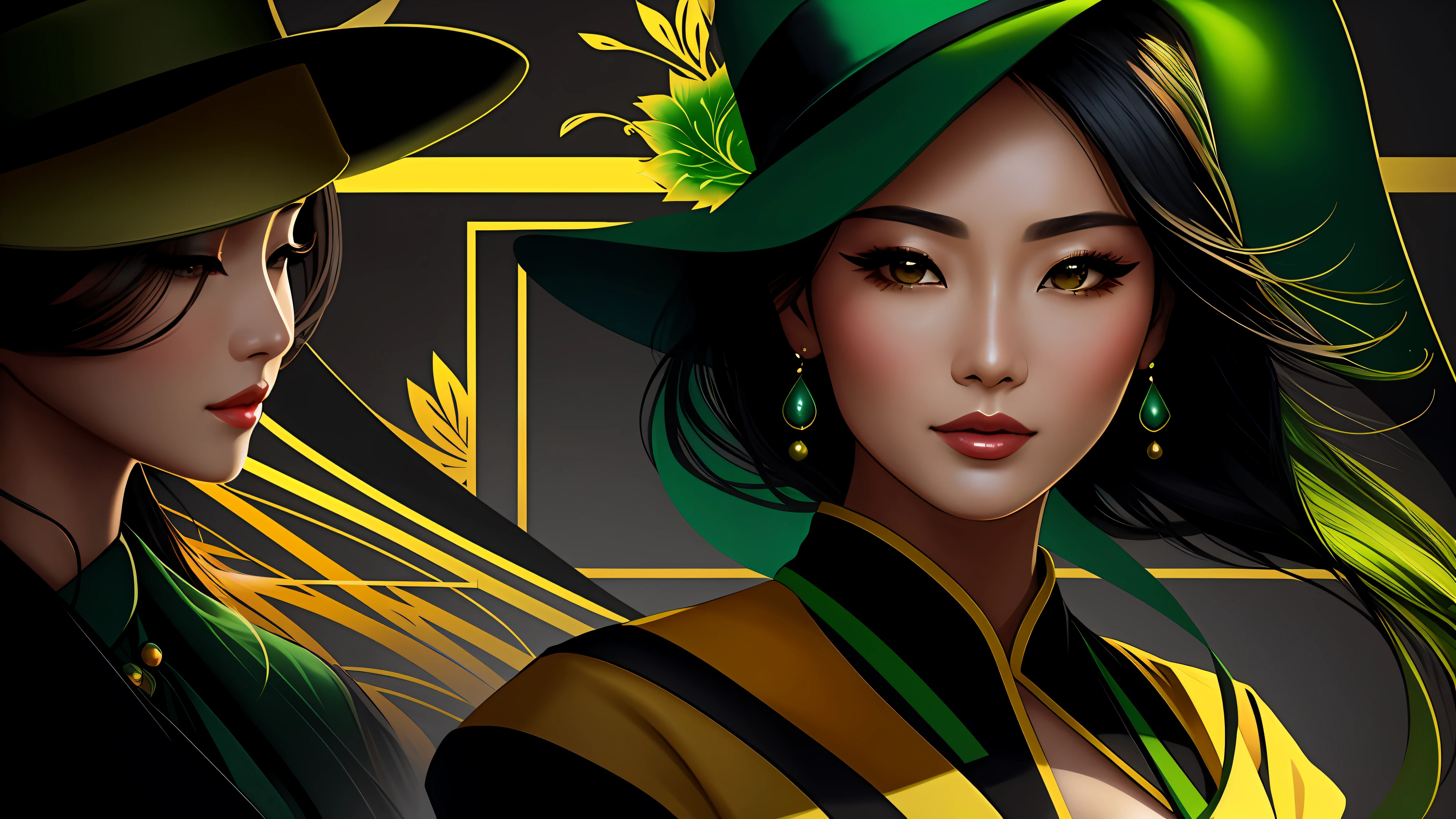 a close up of one beautiful asian woman (character at the right), dark green and yellow modern dress, elegant hat, 8k, digital art, stunning digital illustration, no text, dark green colored abstract background, music elements