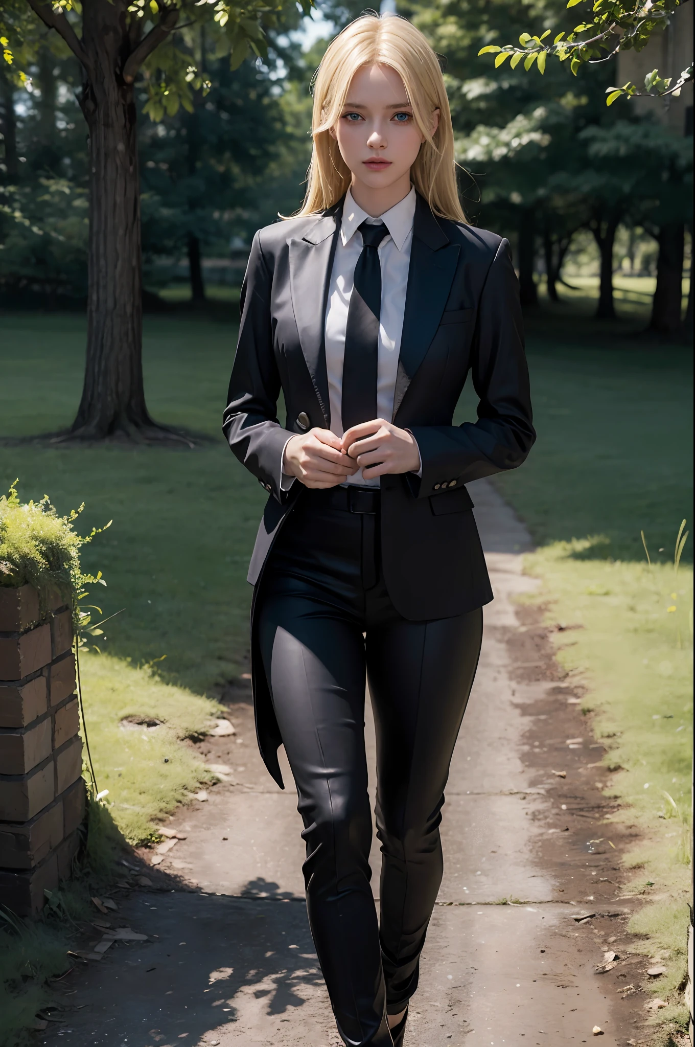 Top Quality, Masterpiece, Ultra High Resolution, (Photorealistic: 1.4), Raw Photo, 1girl, Blonde Hair, Blue Eyes, Detailed Eyes and Face, Black Suit, Dynamic Lighting, Dark, Deep Shadows, Unobtrusive, Cowboy Shots Full Length Body, Full Body