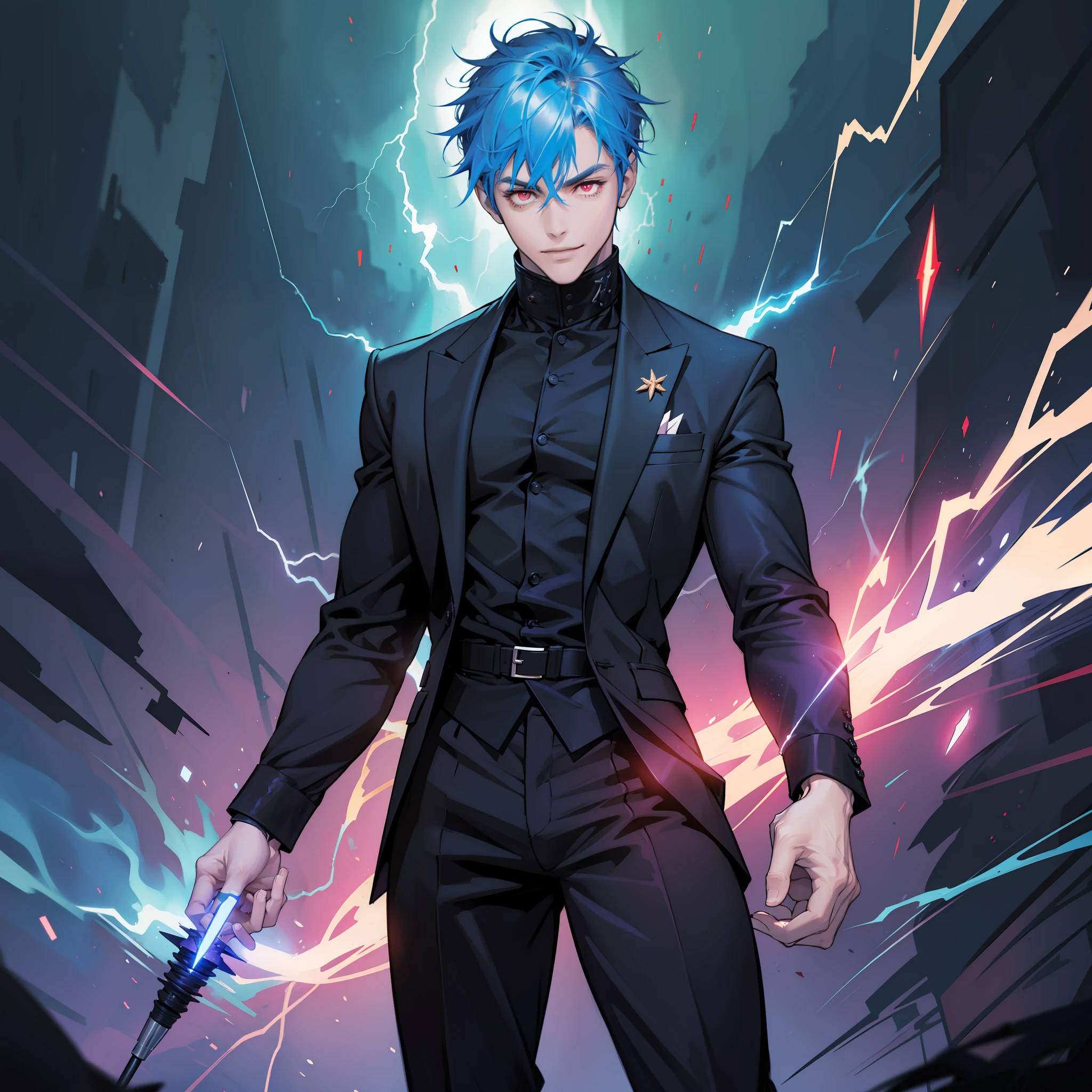 Man with red eyes, short blue hair, wearing a black suit, bad smile (0.3), holding a needle, backlight, lightning, colorful glow, dark style, full body portrait