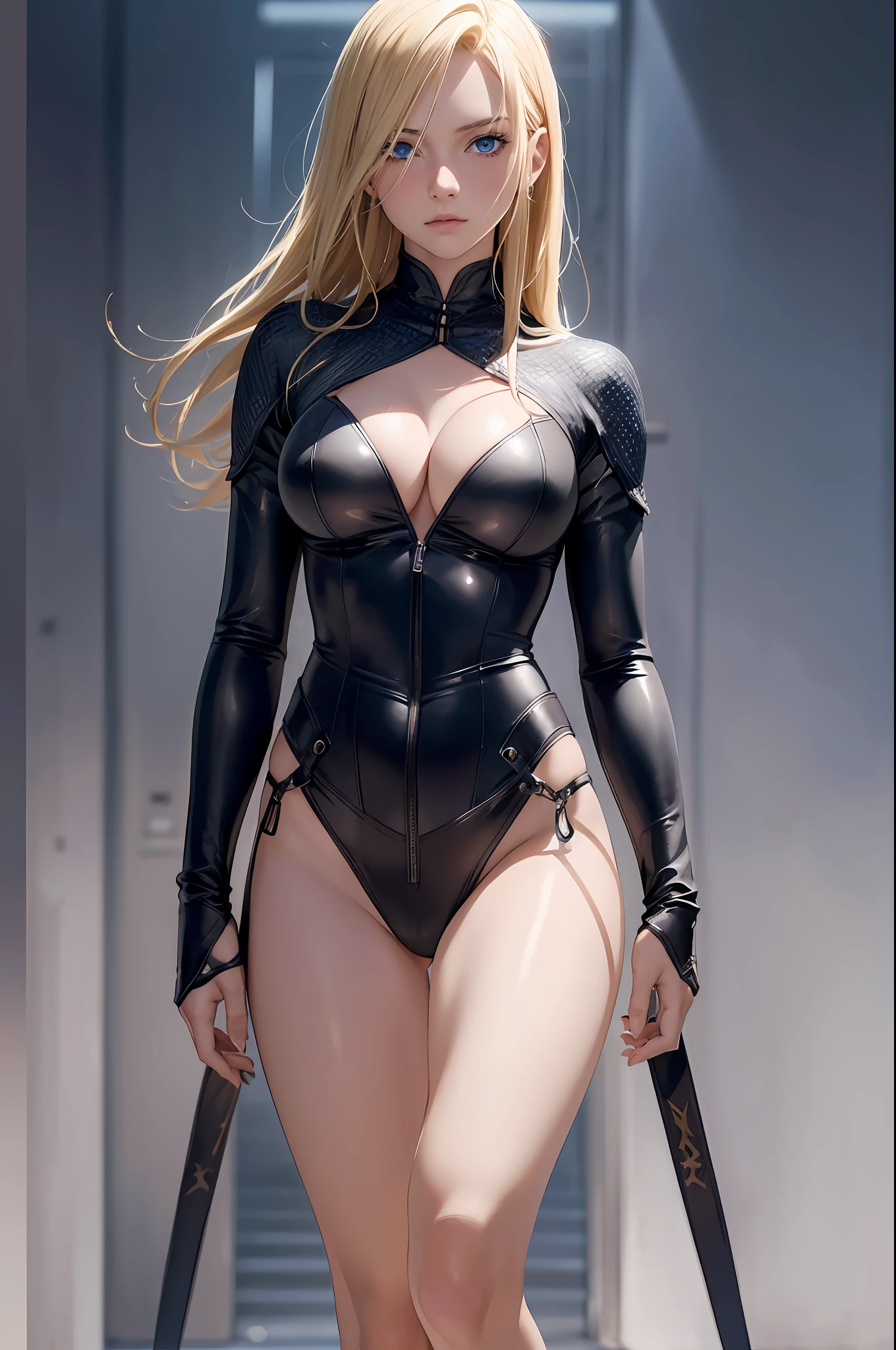 Top Quality, Masterpiece, Ultra High Resolution, (Photorealistic: 1.4), Raw Photo, 1girl, Blonde Hair, Blue Eyes, Detailed Eyes and Face, Black Suit, Dynamic Lighting, Dark, Deep Shadows, Unobtrusive, Cowboy Shots Full Length Body, Full Body