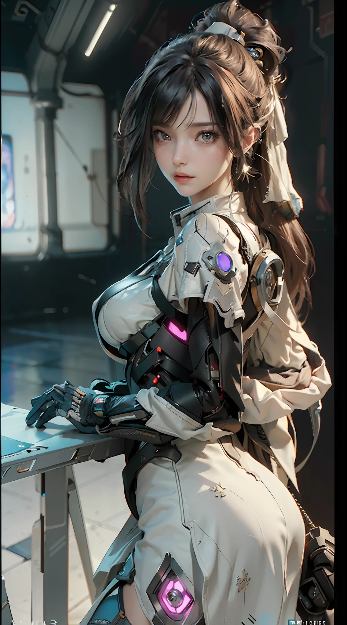 ((Best quality)), ((masterpiece)), (detailed:1.4), 3D, an image of a beautiful cyberpunk female,HDR (High Dynamic Range),Ray Tracing,NVIDIA RTX,Super-Resolution,Unreal 5,Subsurface scattering,PBR Texturing,Post-processing,Anisotropic Filtering,Depth-of-field,Maximum clarity and sharpness,Multi-layered textures,Albedo and Specular maps,Surface shading,Accurate simulation of light-material interaction,Perfect proportions,Octane Render,Two-tone lighting,Wide aperture,Low ISO,White balance,Rule of thirds,8K RAW,