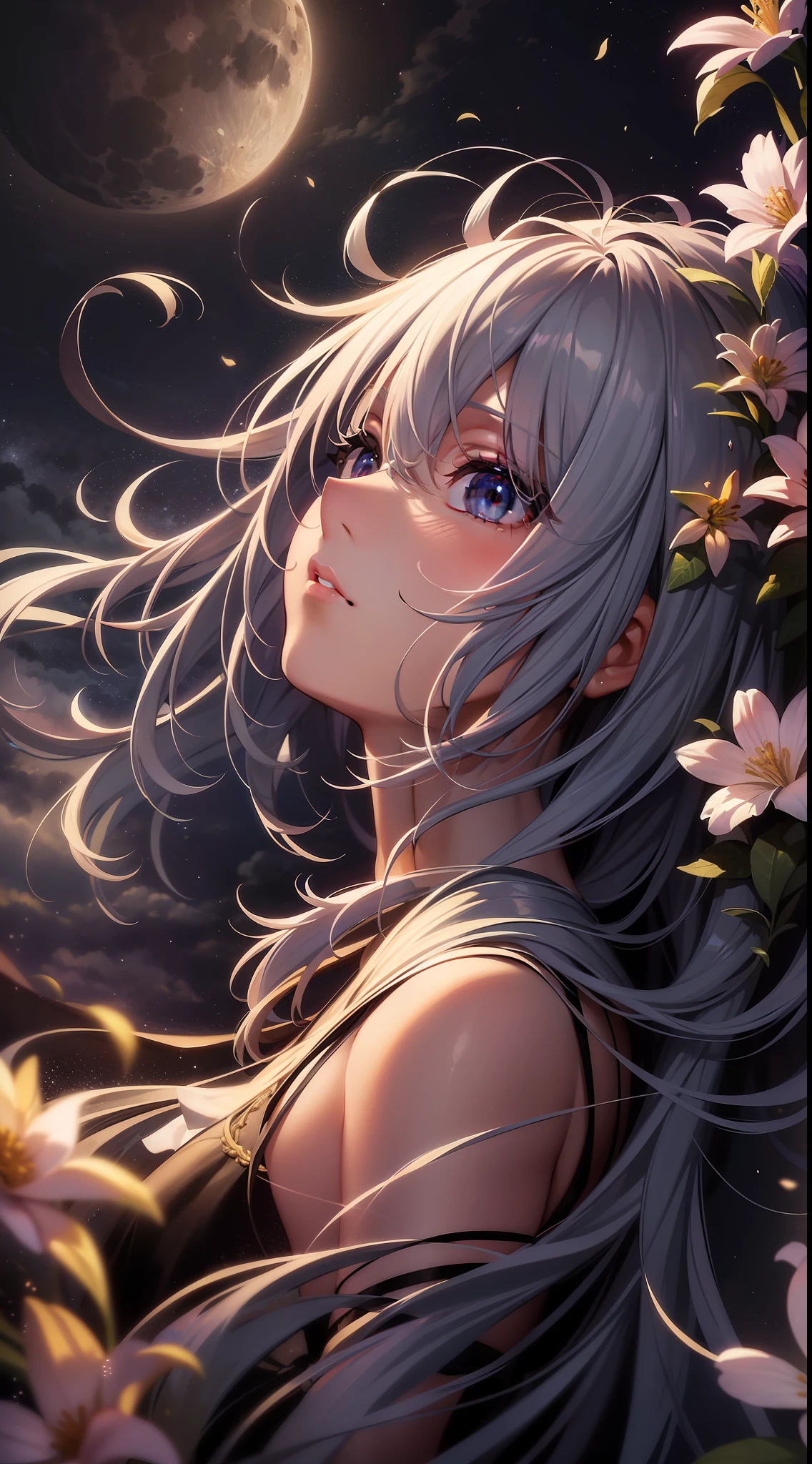 Starry sky, moon, clouds, girl looking up at the starry sky, long hair, field, lots of flowers, ((complex picture)), (meticulously depicted))), gorgeous, (((ultra-fine hair drawing)))), (ultra-fine hair))), anime style, chiaroscuro, depth of field, backlight, full body image, motion video, stereoscopic perspective, masterpiece, (( super detail)), high detail, high quality, 4K, best quality, high resolution, (((ink style))