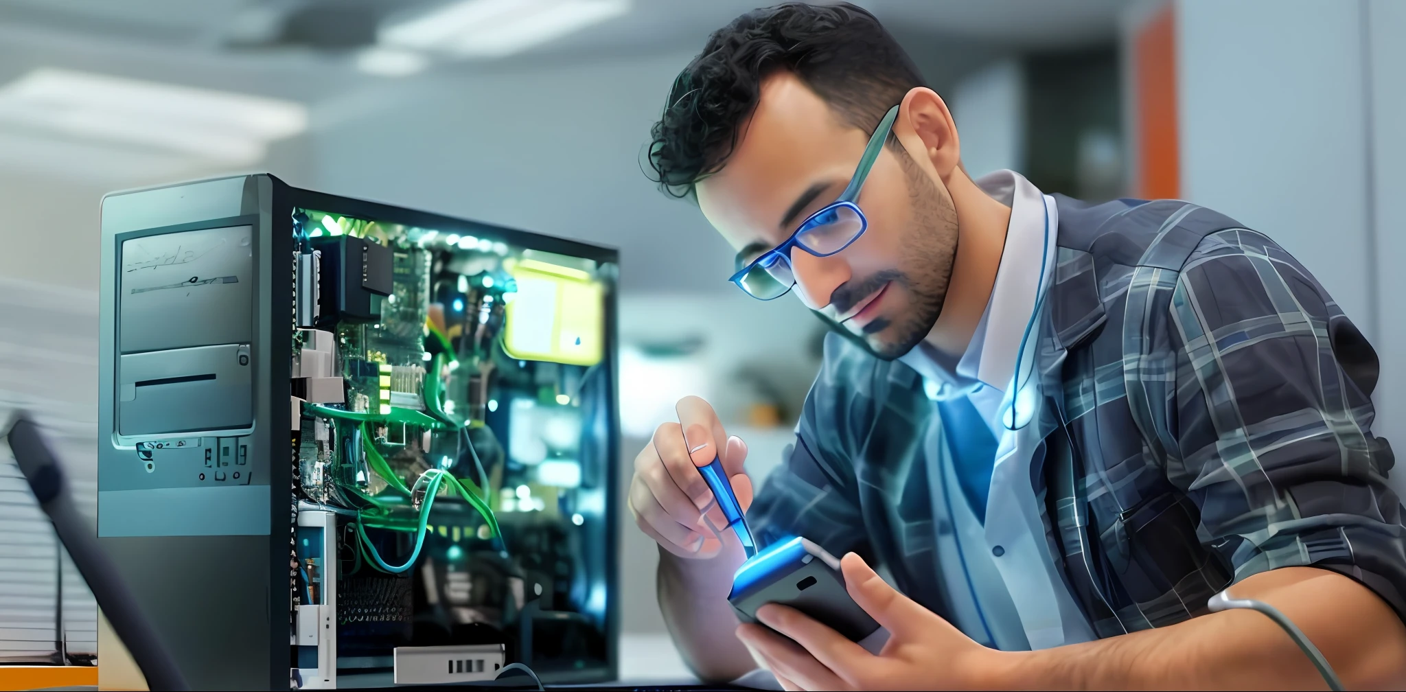 arafed man looking at a computer screen while holding a cell phone, disassemble the computer, it specialist, creative coder with a computer, revealing wires and electronics, using his desktop pc, portrait of computer & circuits, computer, maintenance, advanced technology, description, in front of a computer, broken computers and cables