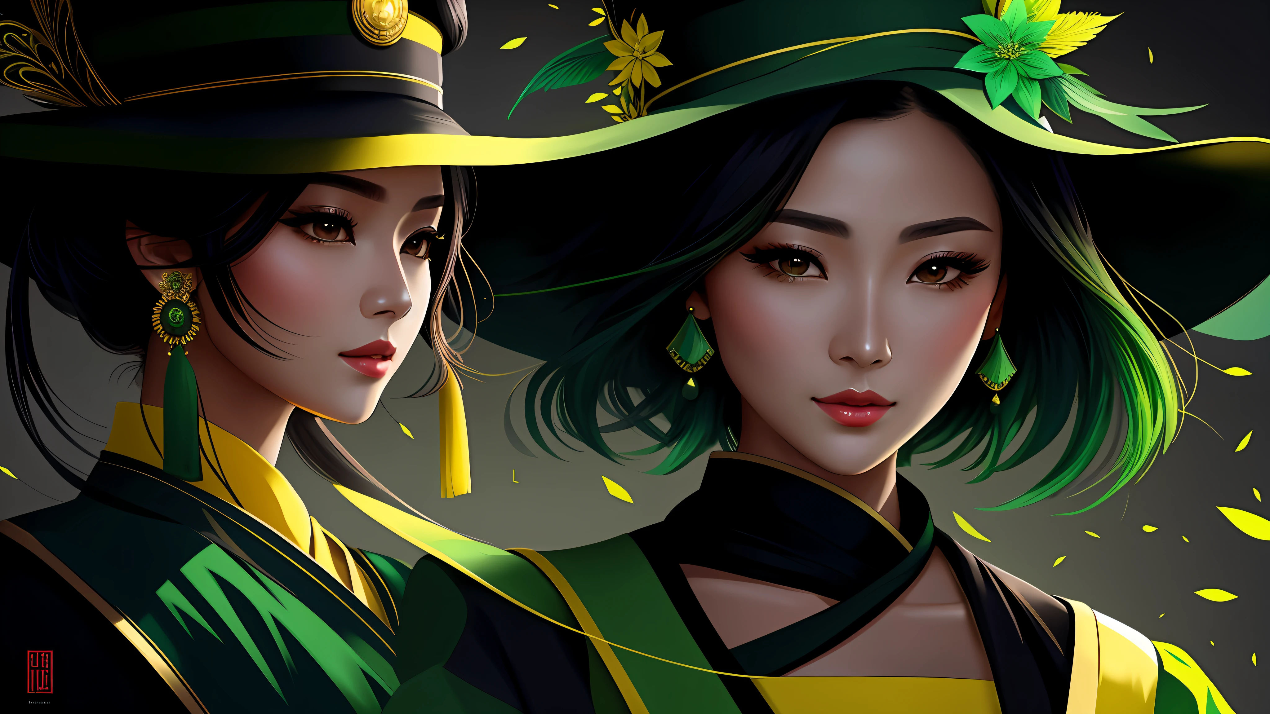 a close up of one beautiful asian woman (character at the right), dark green and yellow modern dress, elegant hat, 8k, digital art, stunning digital illustration, no text, dark green colored abstract background, music elements