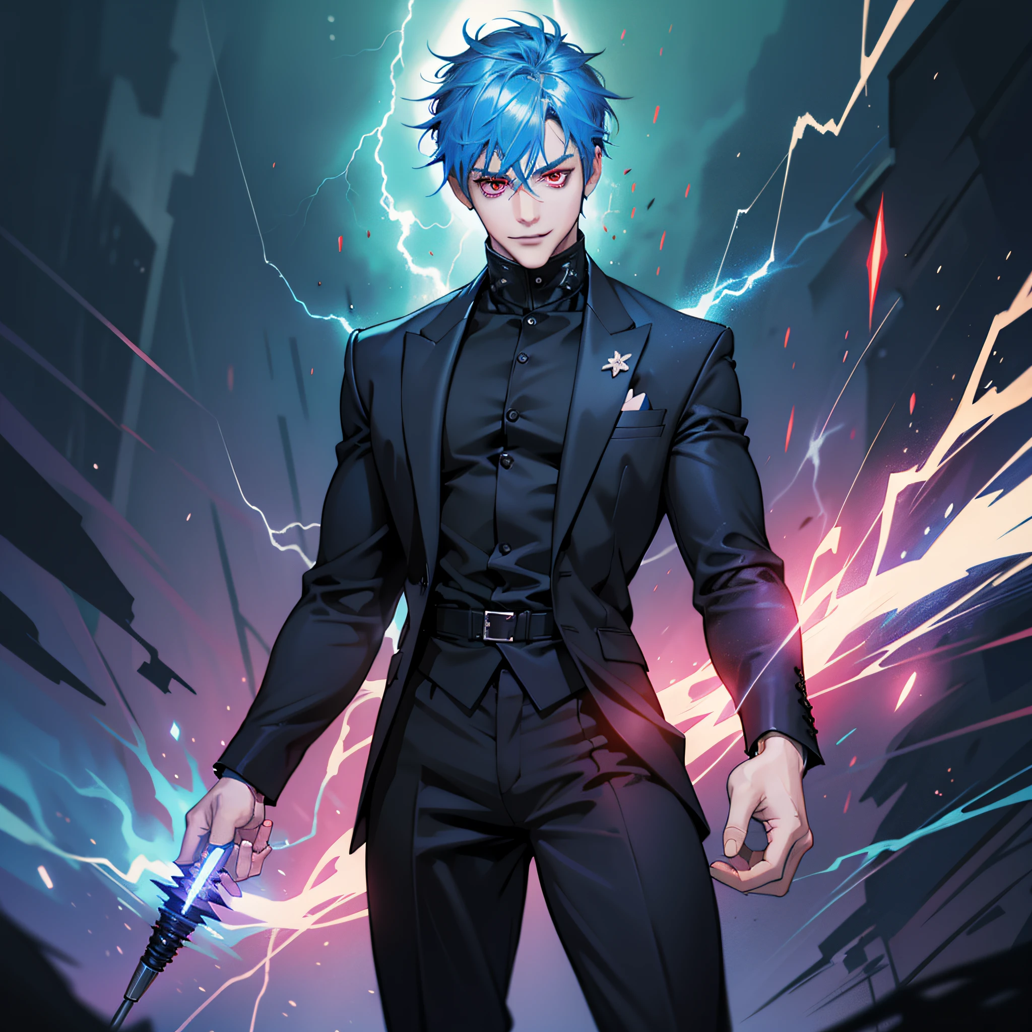 Man with red eyes, short blue hair, wearing a black suit, bad smile (0.3), holding a needle, backlight, lightning, colorful glow, dark style, full body portrait