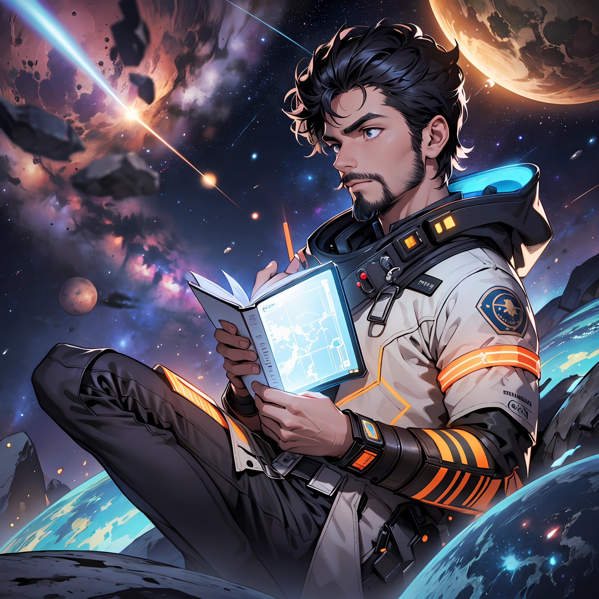 Draw a young programmer, sitting on a research platform floating in the middle of an asteroid belt. He is studying with a notebook, surrounded by several asteroids glowing with fiery auras. Dramatic lighting from distant stars and planets illuminates the scene, casting deep shadows on the suit. The young man looks confident and determined, looking at the vast and mysterious universe with wonder and respect,facial hair, cowboy shot, --auto --s2