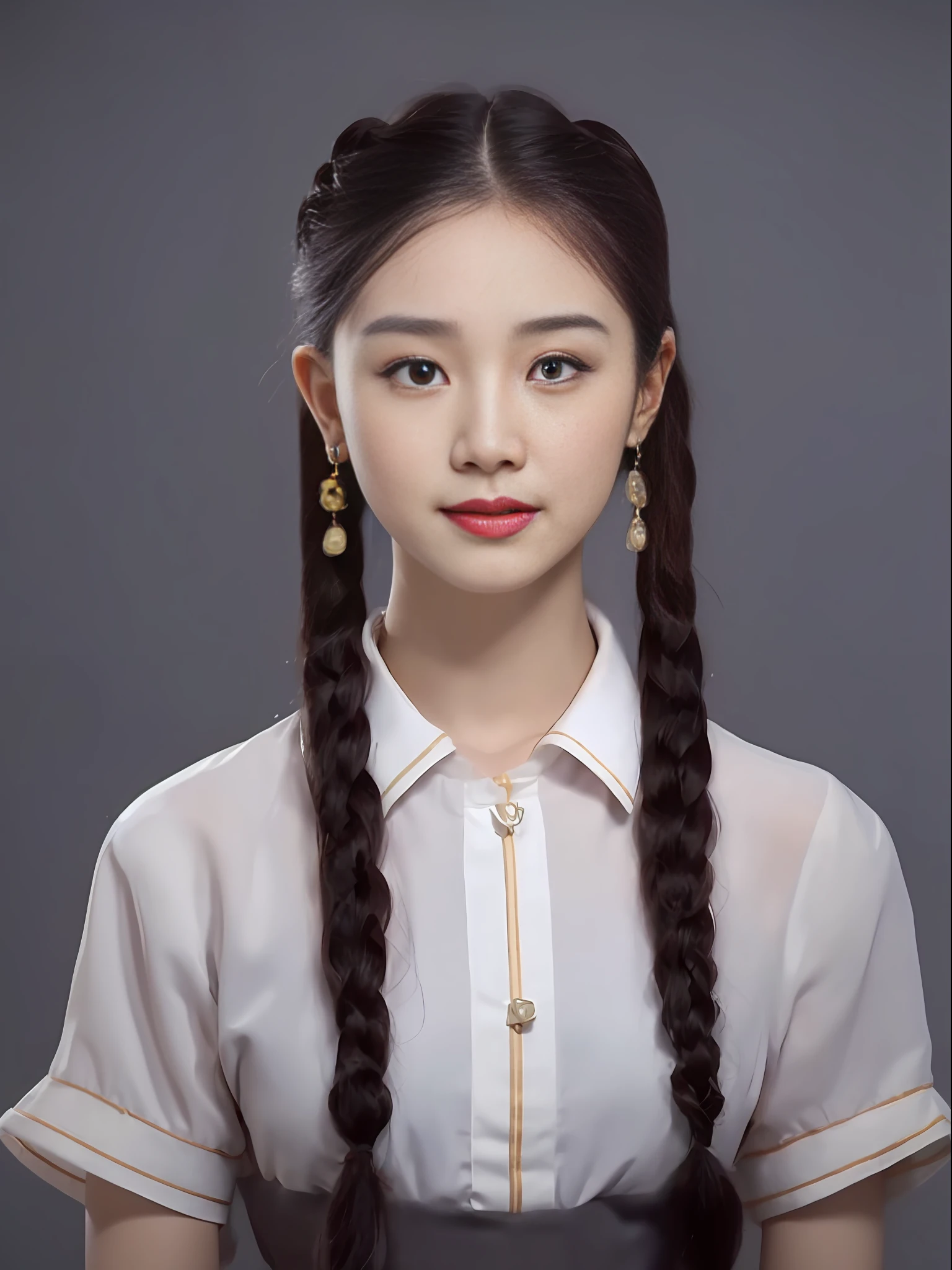 girl, bow hair ornament, facing audience, braids, 3D, beautiful retro colors, asian girl, instagram (realistic, high resolution: 1.4), ((puffy eyes)), looking at viewer, upper body (8k, RAW photo, best quality, masterpiece: 1.2), (realistic, photorealistic photo: 1.37), (sharp focus: 1.2), professional lighting, photon mapping, radiosity, physically based rendering, (pale skin: 1.2), (small chest:1.2), Looking at the audience, (Medium hair: 1.5), Portrait, Purple eyes, (Silver hair: 1.1), (Simple background: 1.4), Solo, Upper body, Realistic, (Masterpiece: 1.4), (Maximum quality: 1.4), (Brightening), Makeup, Smile (Thin, Shut Up, Shy: 1.3), Medium bust, Color Hanfu