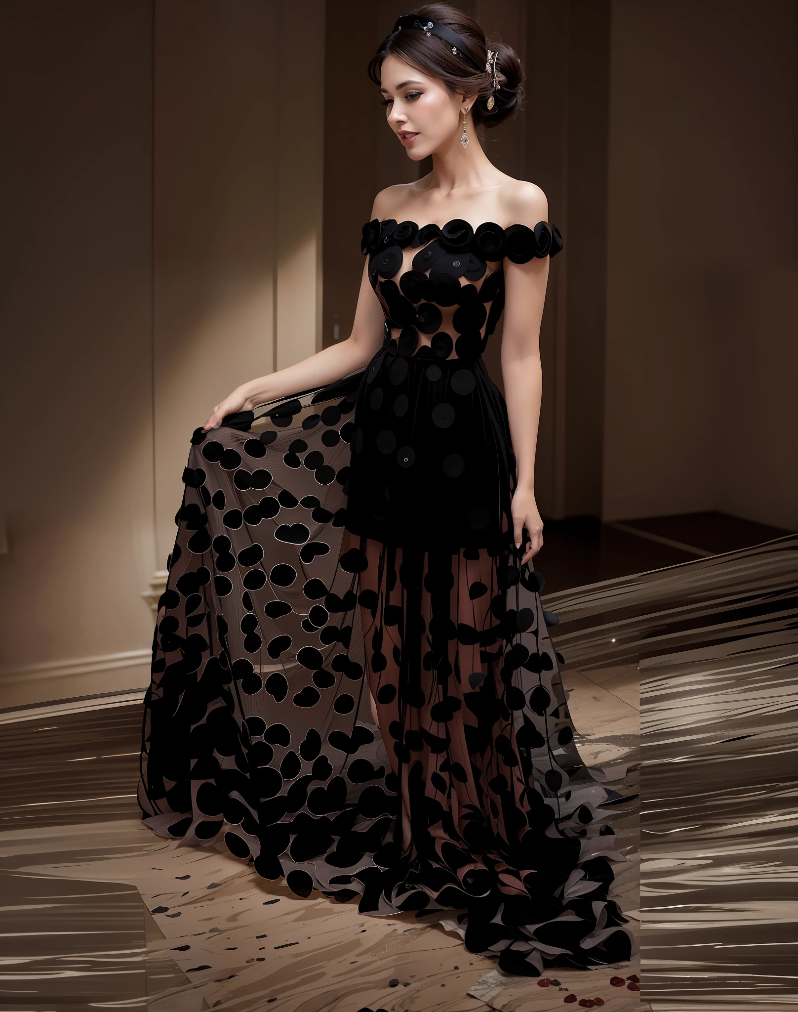 araffe woman in a red dress standing in a room, emaciated red evening gown, black gown, flowing red gown, dark red long dress, stunning, full length view, long luxurious intricate gown, extravagant dress, red haute couture, elegant dress, stunning dress, full - length photo, gorgeous, intricate dress, full - length view