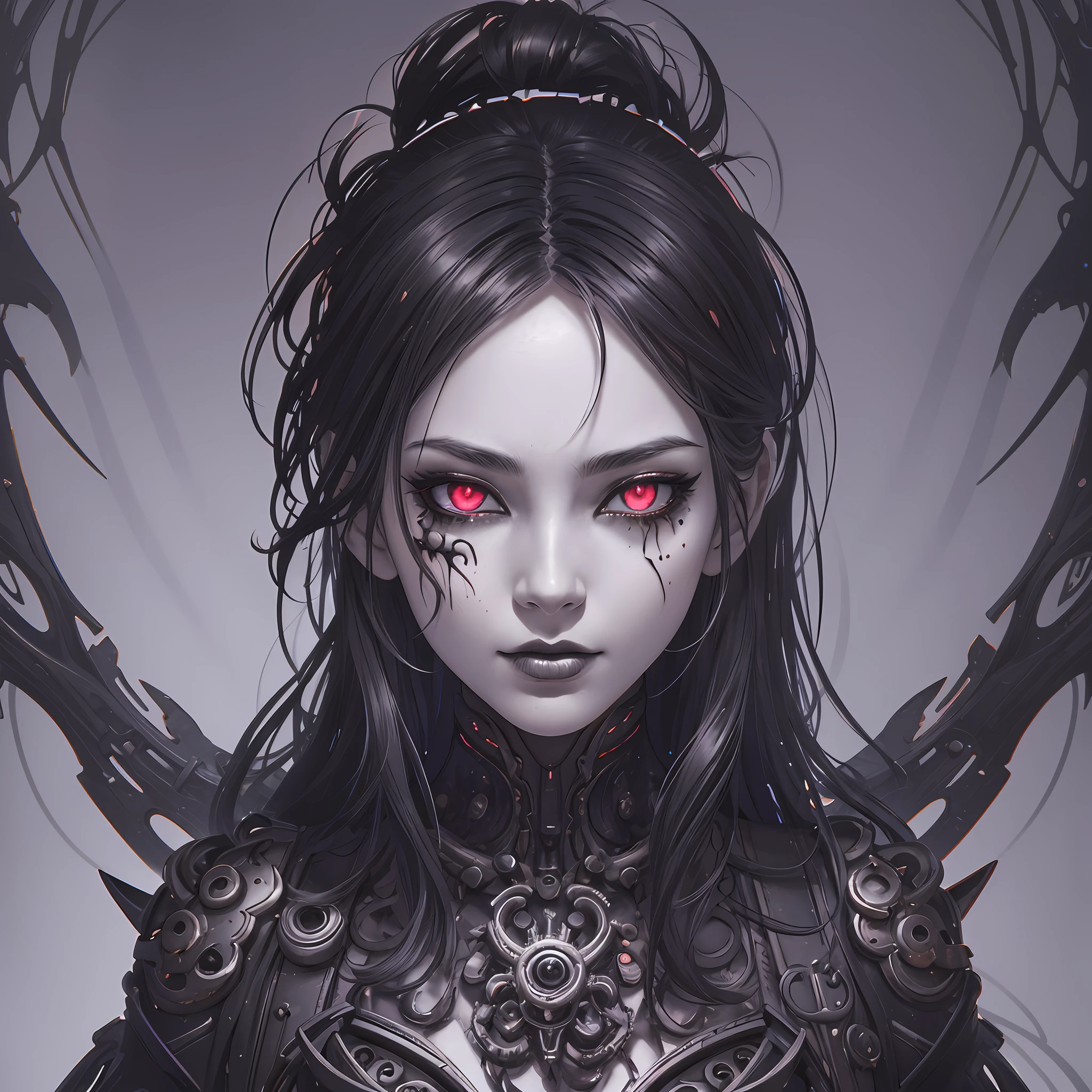 midshot, centered image, ultra detailed illustration of a woman, blooshot, ((black sclera)), intricate background, gritty, surreal, (biomechanical), dark, intricate, otherworldly, ((horror vacui)), nightmarish, mesmerizing, unsettling, organic, detailed, eerie, pen outlines, Mschiffer, unframed, high contrast, vector, 32k resolution, best quality --auto --s2