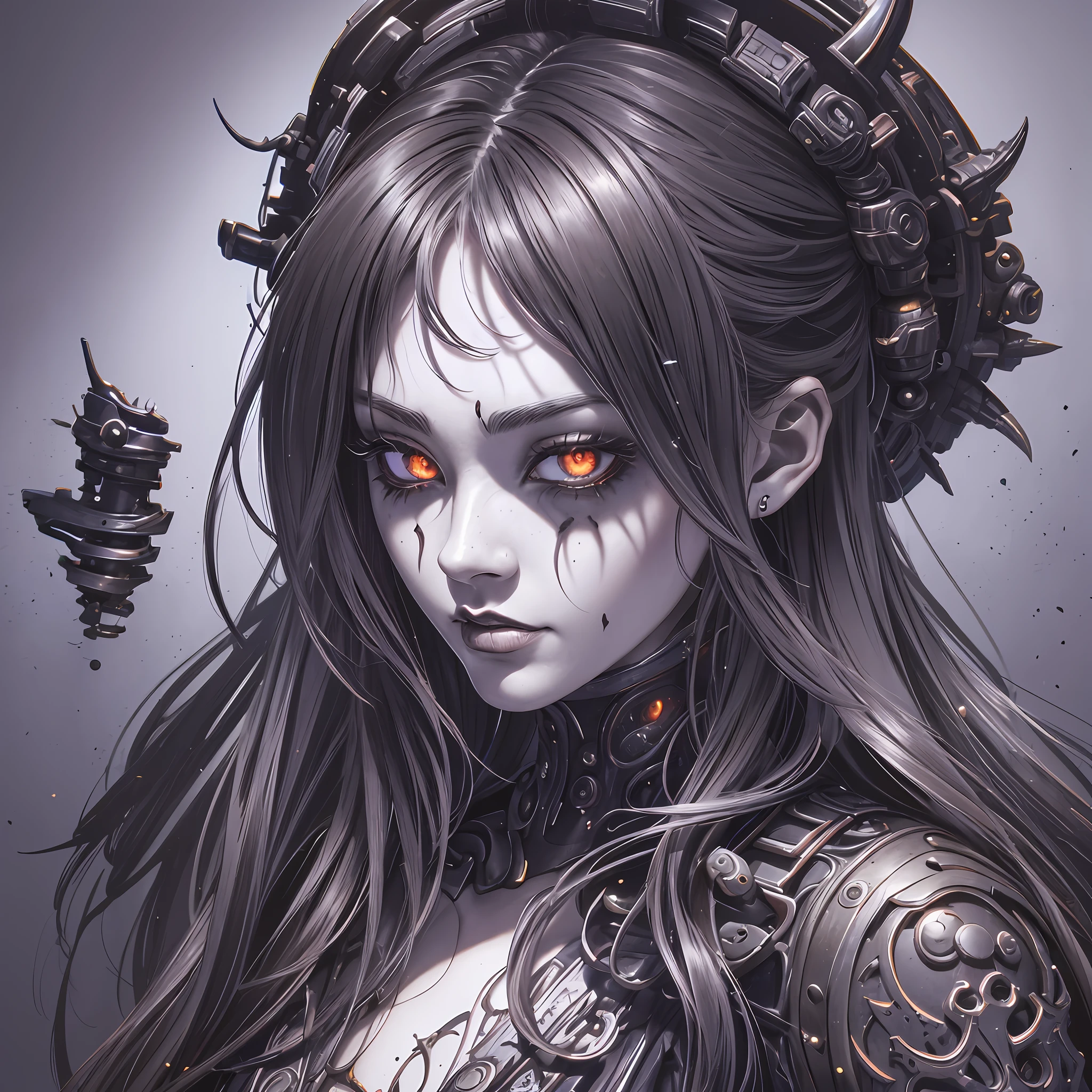 midshot, centered image, ultra detailed illustration of a woman, blooshot, ((black sclera)), intricate background, gritty, surreal, (biomechanical), dark, intricate, otherworldly, ((horror vacui)), nightmarish, mesmerizing, unsettling, organic, detailed, eerie, pen outlines, Mschiffer, unframed, high contrast, vector, 32k resolution, best quality --auto --s2