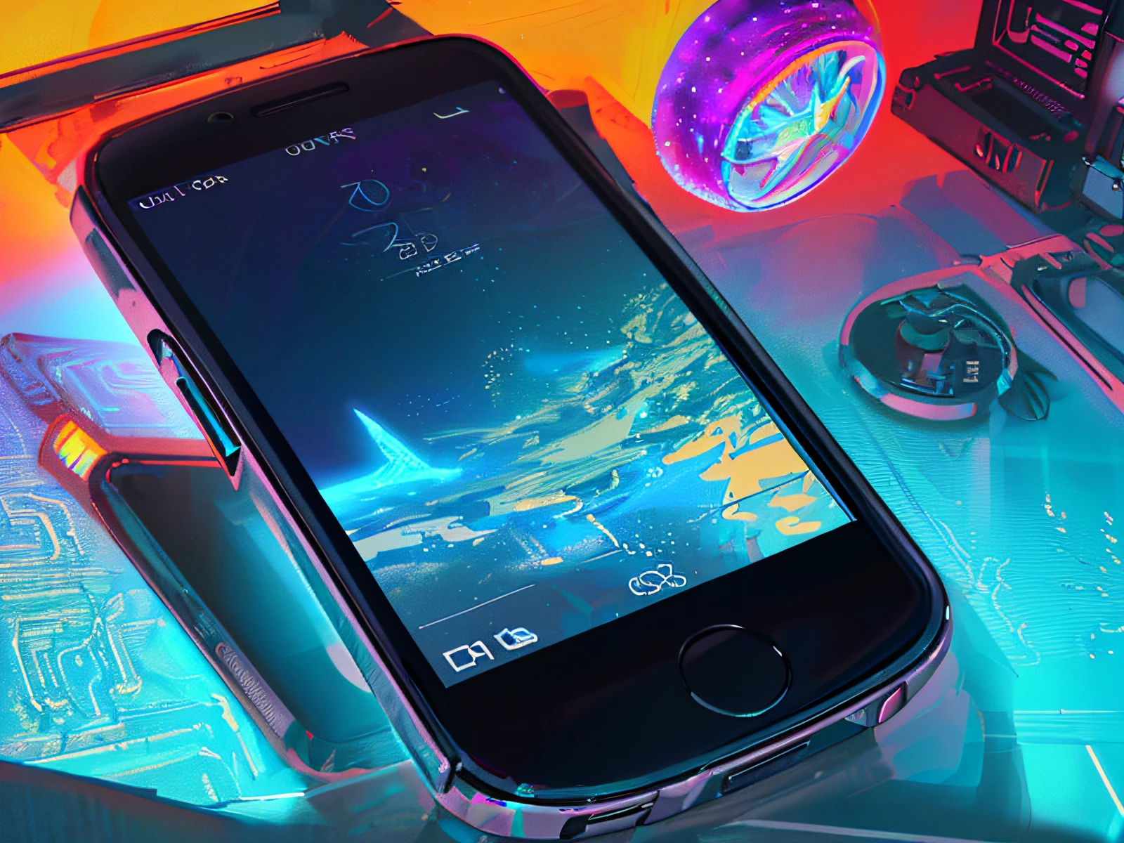 there is a cell phone that is sitting on a table, mobile game art, by Android Jones, amazing splashscreen artwork, amazing wallpaper, retrofuturistic digital painting, wallpaper mobile, in style of beeple, beeple daily art, beeple!!, phone wallpaper. intricate, cyberpunk artstyle, cyberpunk art style, beeple artwork