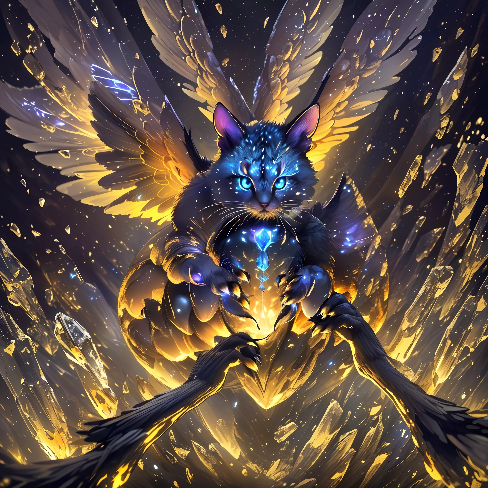 (a miniature creature with many paws in a bottle, a detailed and high-quality CG Unity 8k image, masterpiece quality, art illustration),(thanks to macro photography and detailed description, this creature is detailed and attractive, with wings, big sad eyes and glowing spots), in a dark and deep forest, with a mystical atmosphere and night lighting.