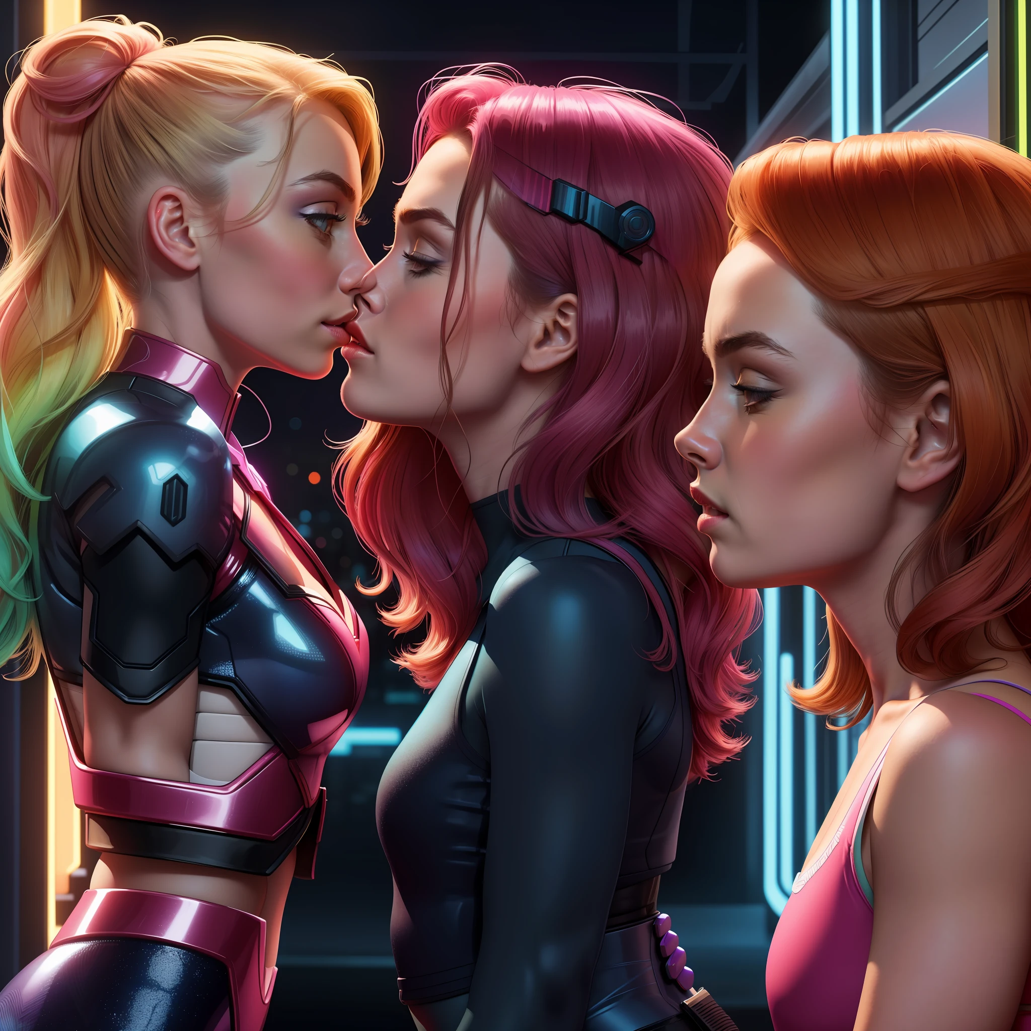 Neon, 8K, portrait, highly-detailed, taken from side view, two girls standing face to face, full body view, kissing, eyes closed, wearing stockings, black hair girl facing left while second girl facing right with ginger hair, shy and blushing expression, [Margot Robbie|Brie Larson], cleavage, surreal and dreamlike setting, soft pastel colors