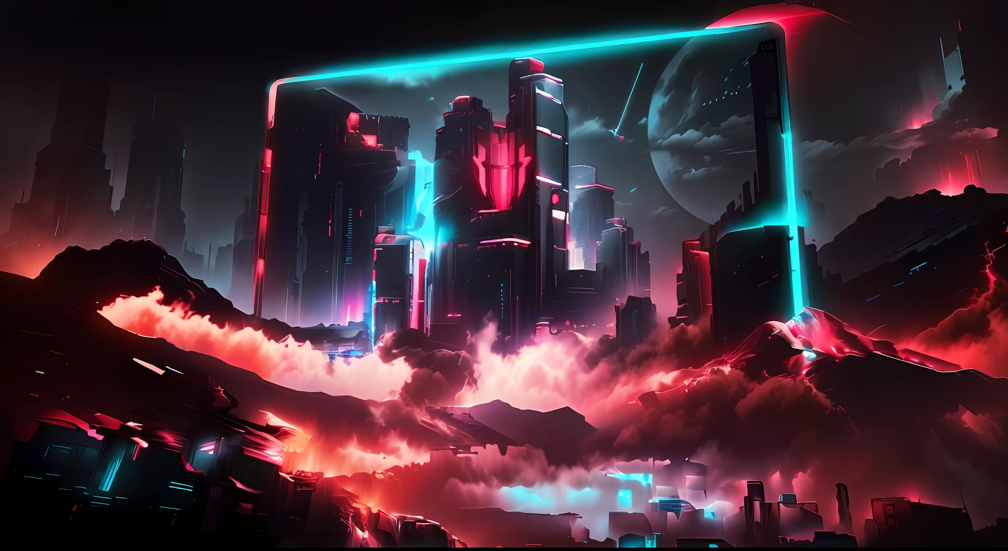 A city surrounded by clouds appears in front of the panel of a giant tablet, in black, red, blue cyberpunk style