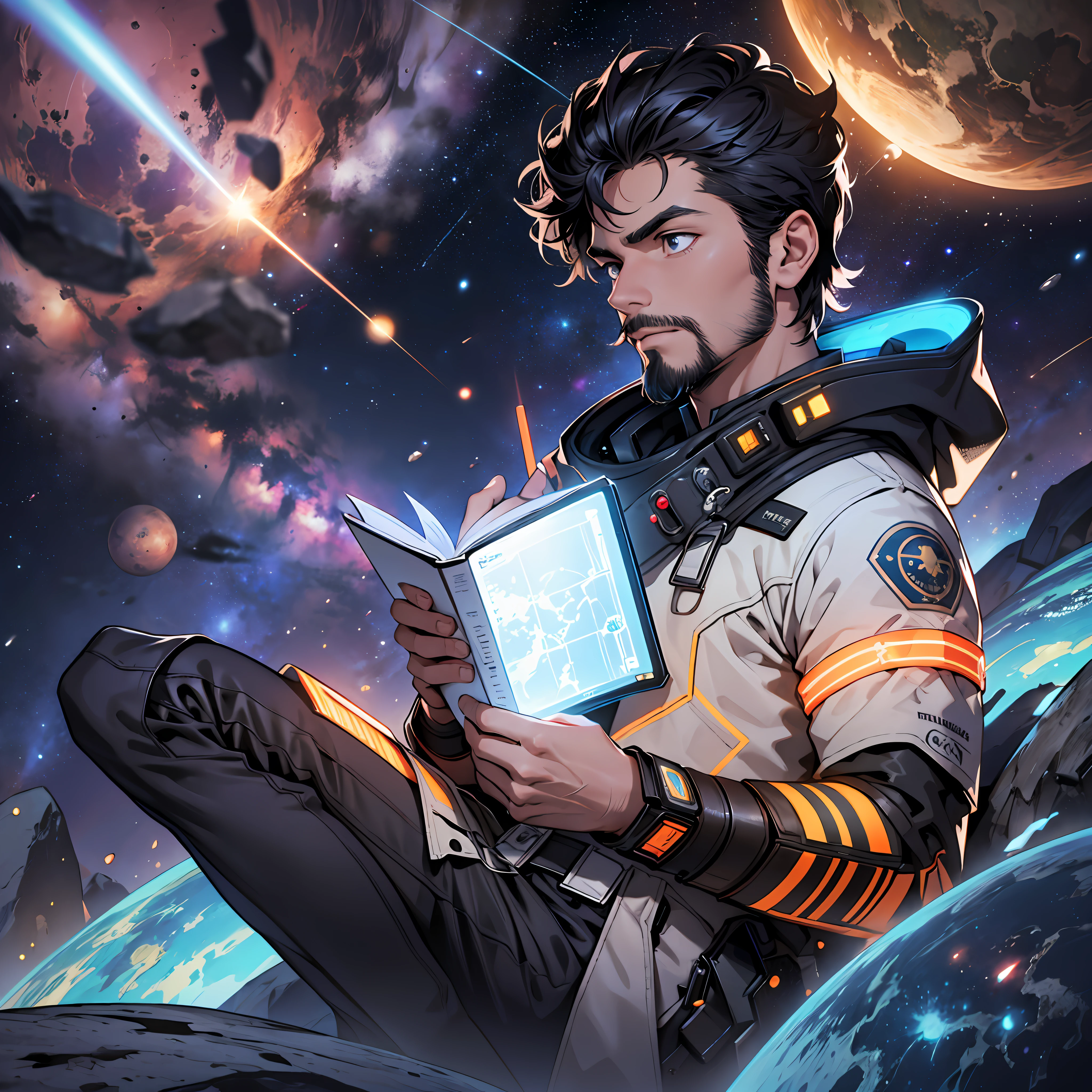 Draw a young programmer, sitting on a research platform floating in the middle of an asteroid belt. He is studying with a notebook, surrounded by several asteroids glowing with fiery auras. Dramatic lighting from distant stars and planets illuminates the scene, casting deep shadows on the suit. The young man looks confident and determined, looking at the vast and mysterious universe with wonder and respect,facial hair, cowboy shot, --auto --s2