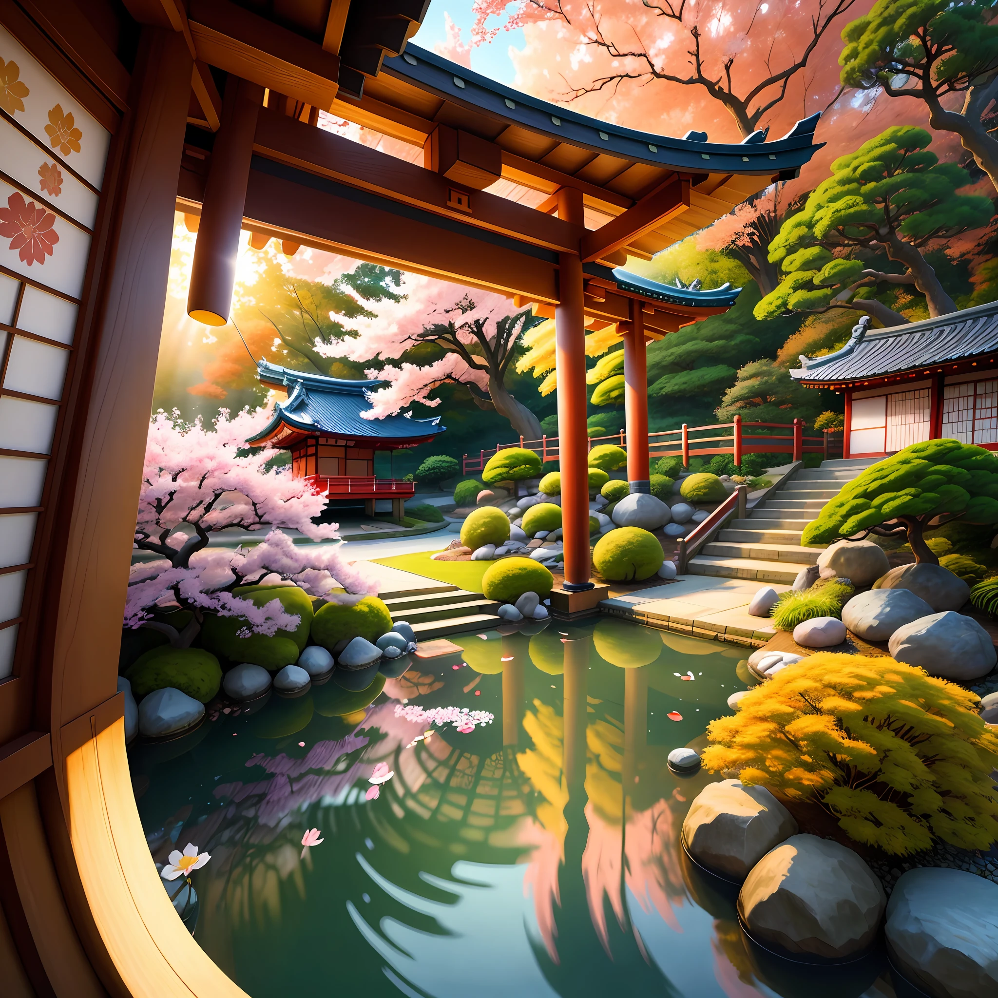 (digital painting),(best quality), serene Japanese garden, cherry blossoms in full bloom, koi pond, footbridge, pagoda, Ukiyo-e art style, Hokusai inspiration, Deviant Art popular, 8k ultra-realistic, pastel color scheme, soft lighting, golden hour, tranquil atmosphere, landscape orientation