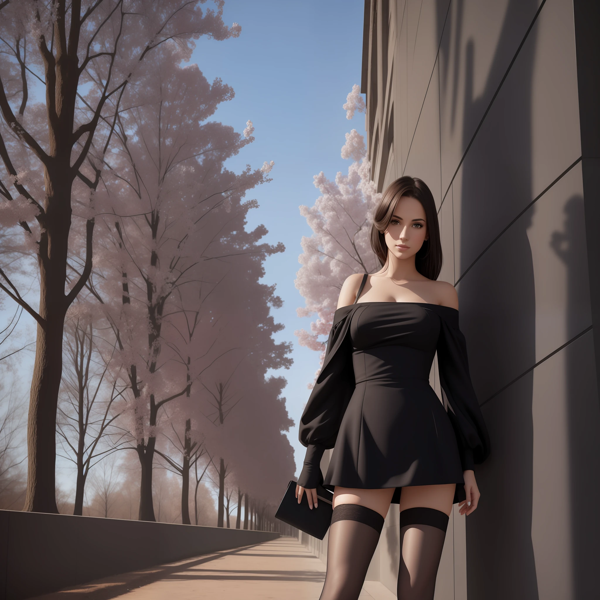 Realism: 1.4), original photo, 1girl, offshoulder, in the dark, deep shadow, low-key, cold light, in the park, black stockings, high heels, professional wear --auto --s2
