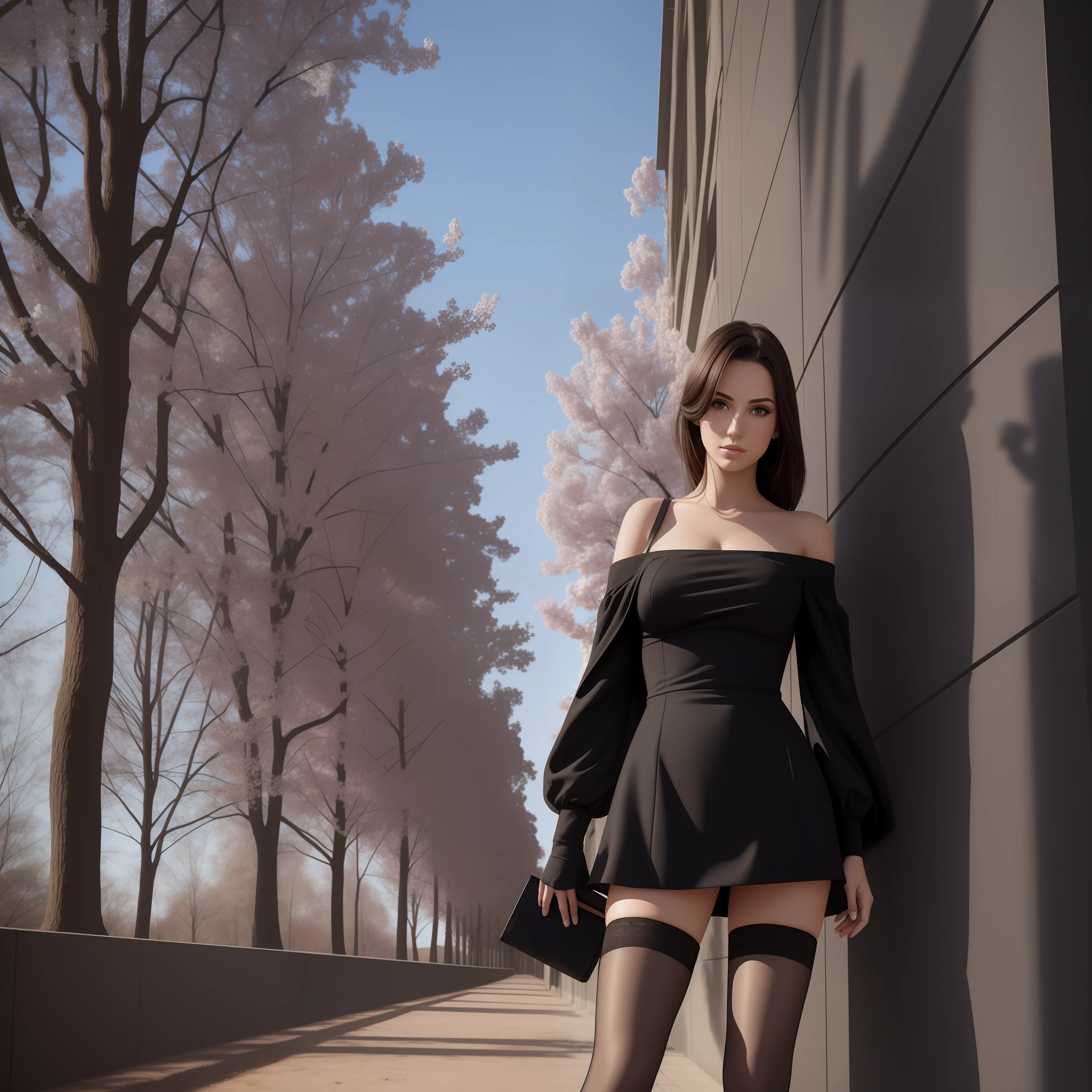 Realism: 1.4), original photo, 1girl, offshoulder, in the dark, deep shadow, low-key, cold light, in the park, black stockings, high heels, professional wear --auto --s2