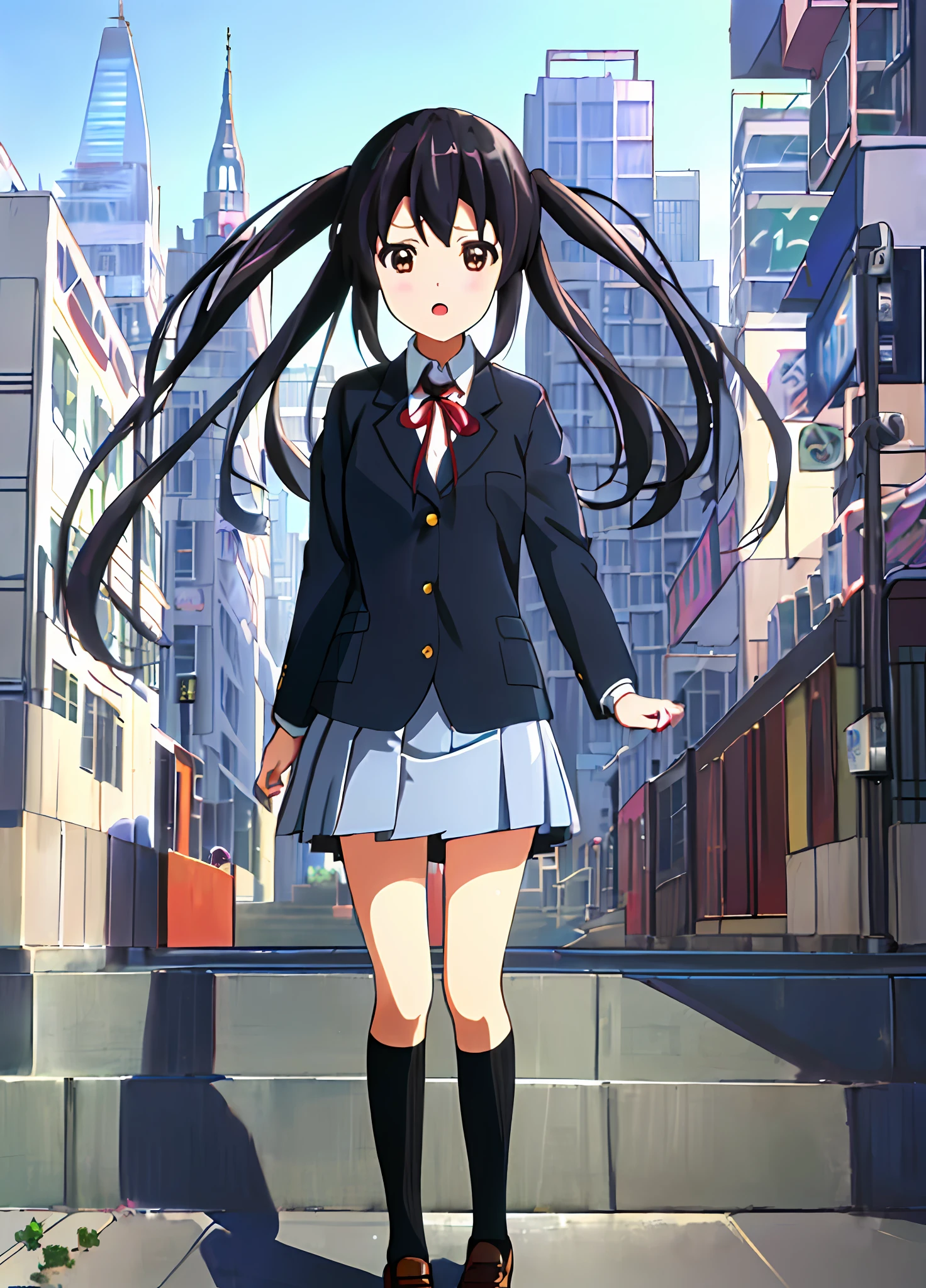 1girl, ((((Masterpiece))), Best Quality, Best Quality, High Detail, Azusa Nakano, 1girl, Sakuragaoka High School Uniform, Musical Instrument, School Uniform, Twin Tails, Long Hair, Black Hair, Brown Eyes, Solo, Red, Dark blue blazer with a thin ribbon of red, Solid white button shirt under blazer, Illustration, Cartoon, Soothing tones, Muted colors, Soft cinematic light, Adobe Lightroom, Photo Lab, HDR, complex and highly detailed, (((depth of field))))). (((Masterpiece))). (((highest quality))).) ((super detail))). (((Illustration))). (((Outside))). (((fighting stance))).,((((Giantization))).dynamic focus.small breasts. (((skyscrapers))). (((Cityscape))). (((Face of sadness))). Open mouth.