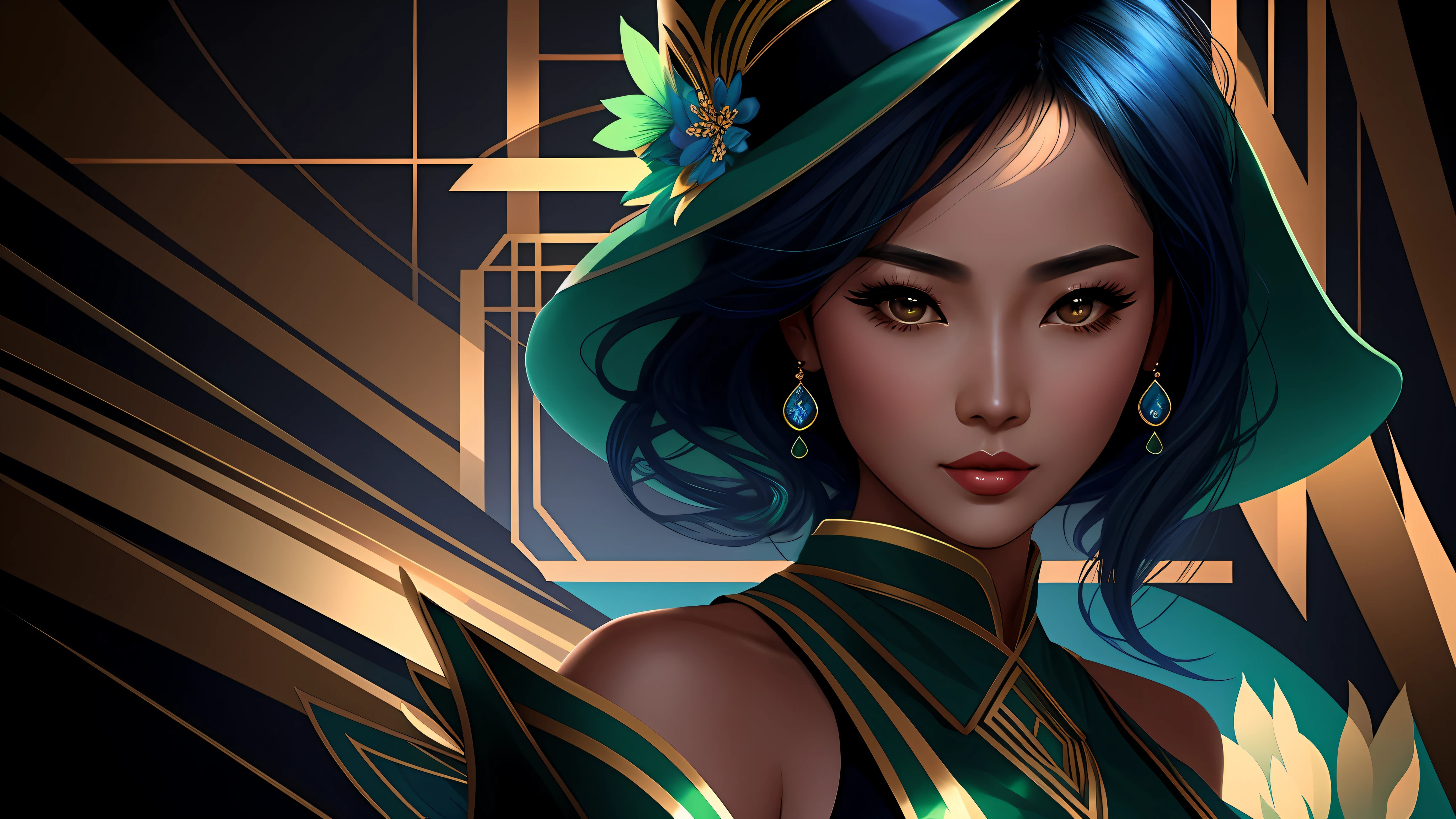 a close up of one beautiful asian woman (character at the right), dark green and blue modern dress, elegant hat, 8k, digital art, stunning digital illustration, no text, dark blue colored abstract background, music elements
