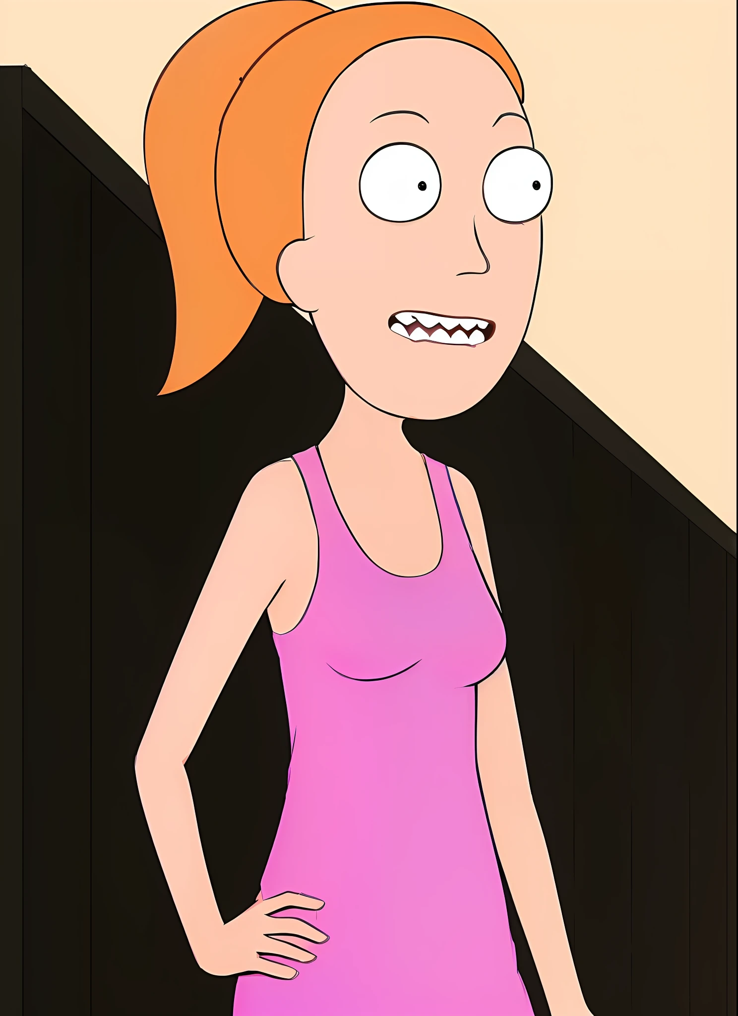 a cartoon woman in a pink tank top standing in front of a wall, from rick and morty, from family guy, style of rick & morty, morty from rick and morty, in rick and morty art style, peggy hill, animated episode still, rick from rick and morty, rick and morty style, jill stingray, brittney lee, tina belcher, leaked image