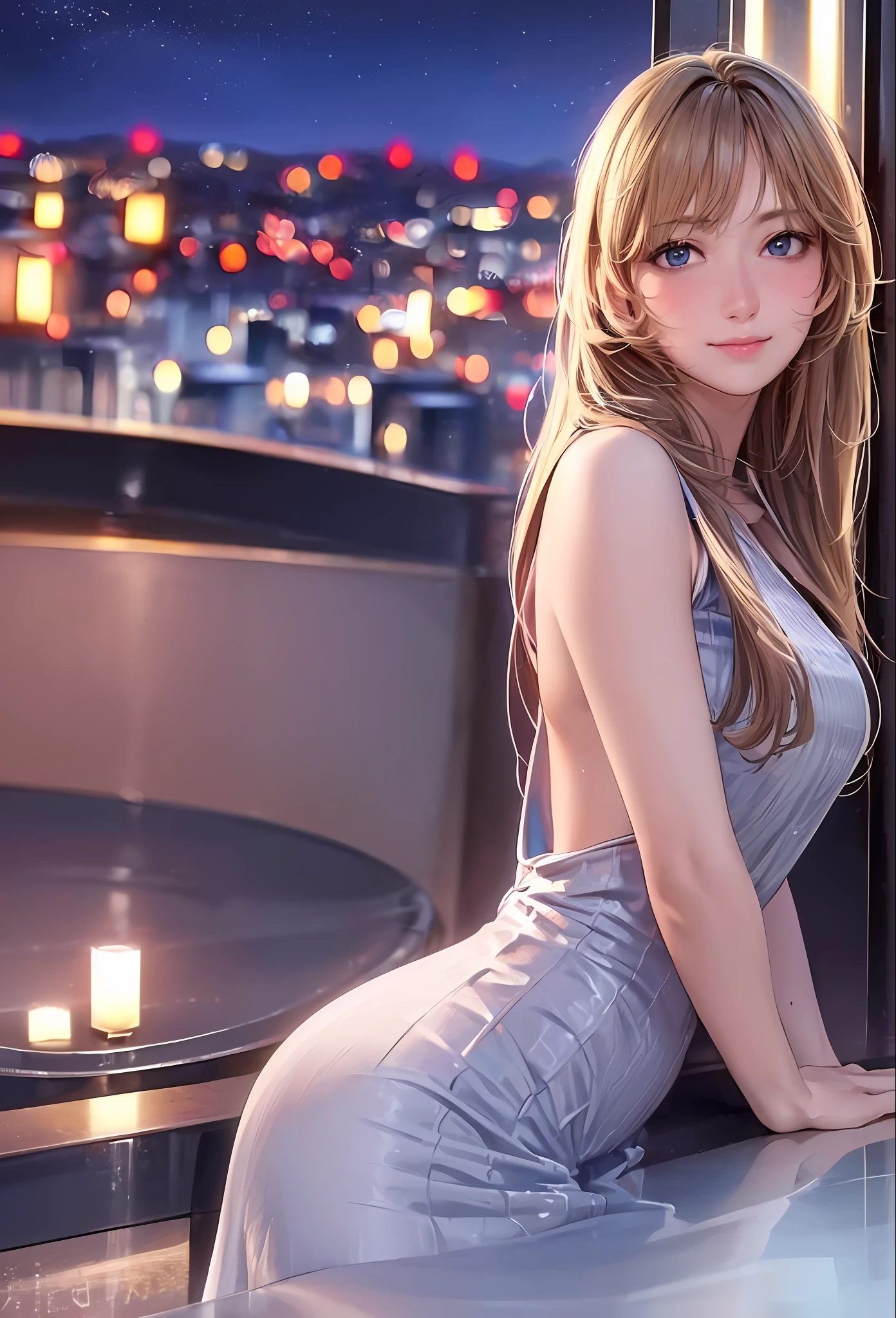(8k, best quality, masterpiece:1.2), (realistic, photo-realistic:1.37), ultra-detailed, 1 girl,cute, solo,midnight,beautiful detailed sky,detailed cafe,sitting,dating,(nose blush),(smile:1.15),(closed mouth) small breasts,beautiful detailed eyes,floating hair NovaFrogStyle,backless dress