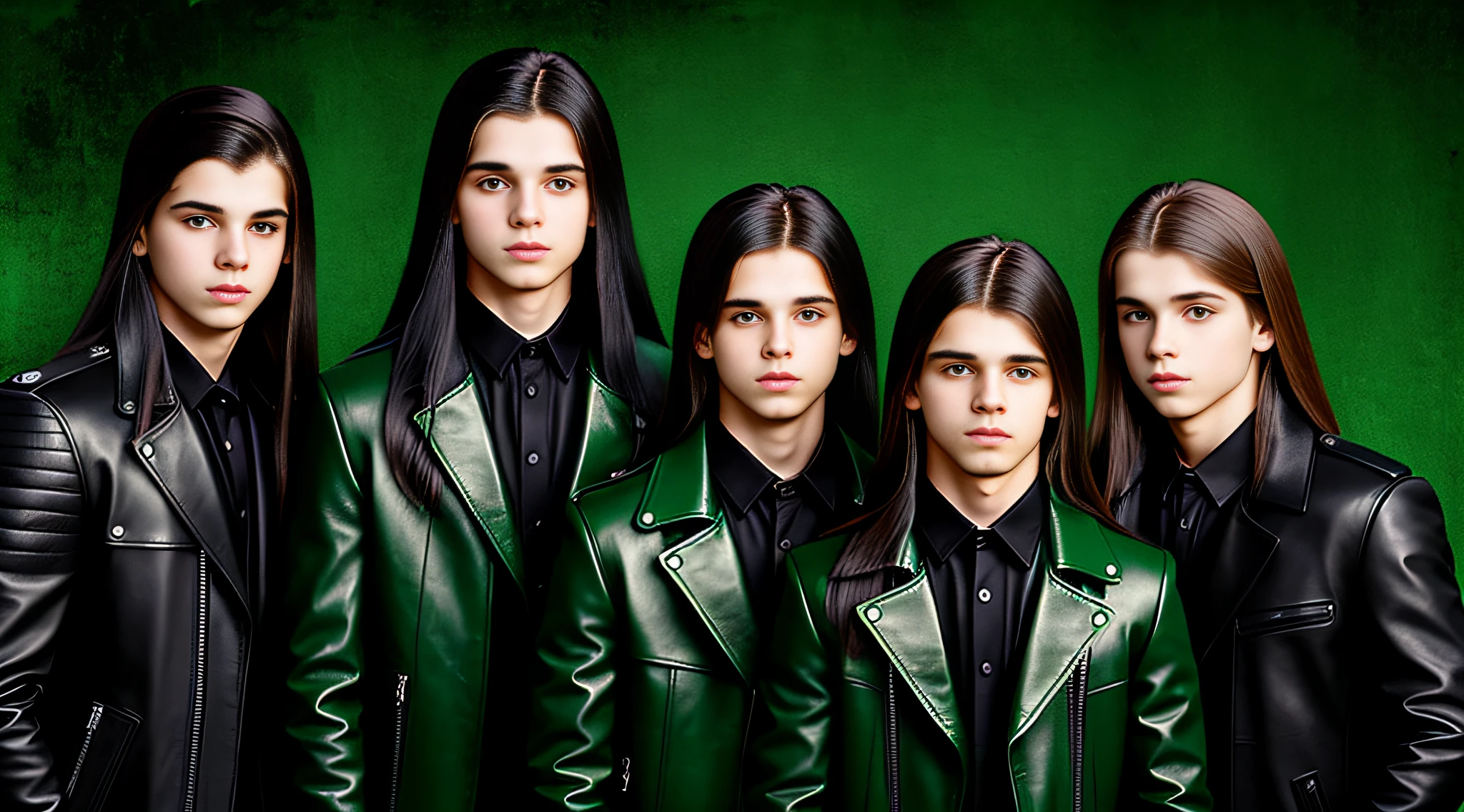 4 BOYS Russian children 20 years old, WITH LONG DARK STRAIGHT HAIR, WITH GREEN LEATHER OVERCOAT, PORTRAIT STYLE, WITH BLACK BACKGROUND.