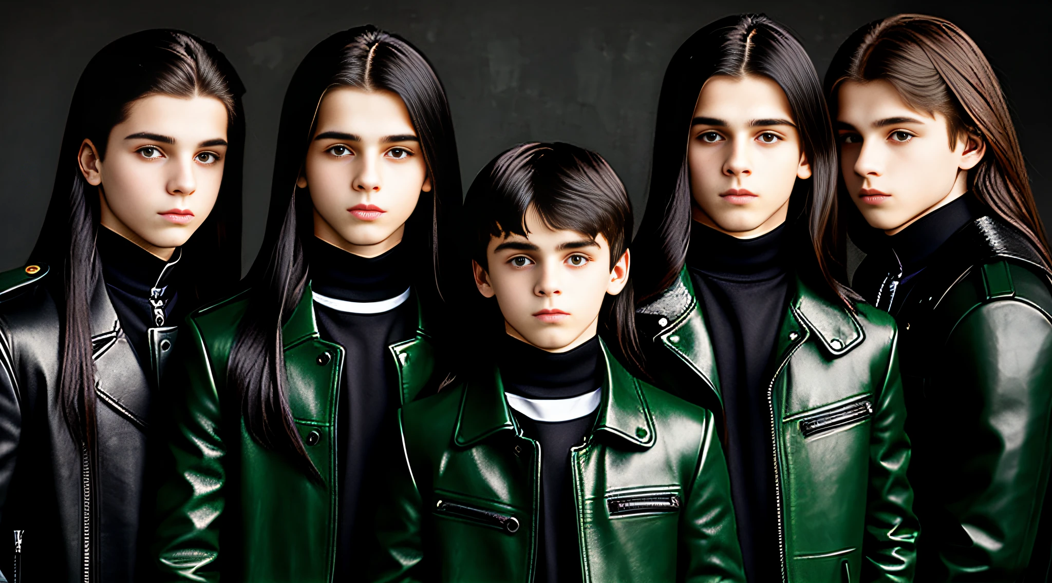 4 BOYS Russian children 20 years old, WITH LONG DARK STRAIGHT HAIR, WITH GREEN LEATHER OVERCOAT, PORTRAIT STYLE, WITH BLACK BACKGROUND.
