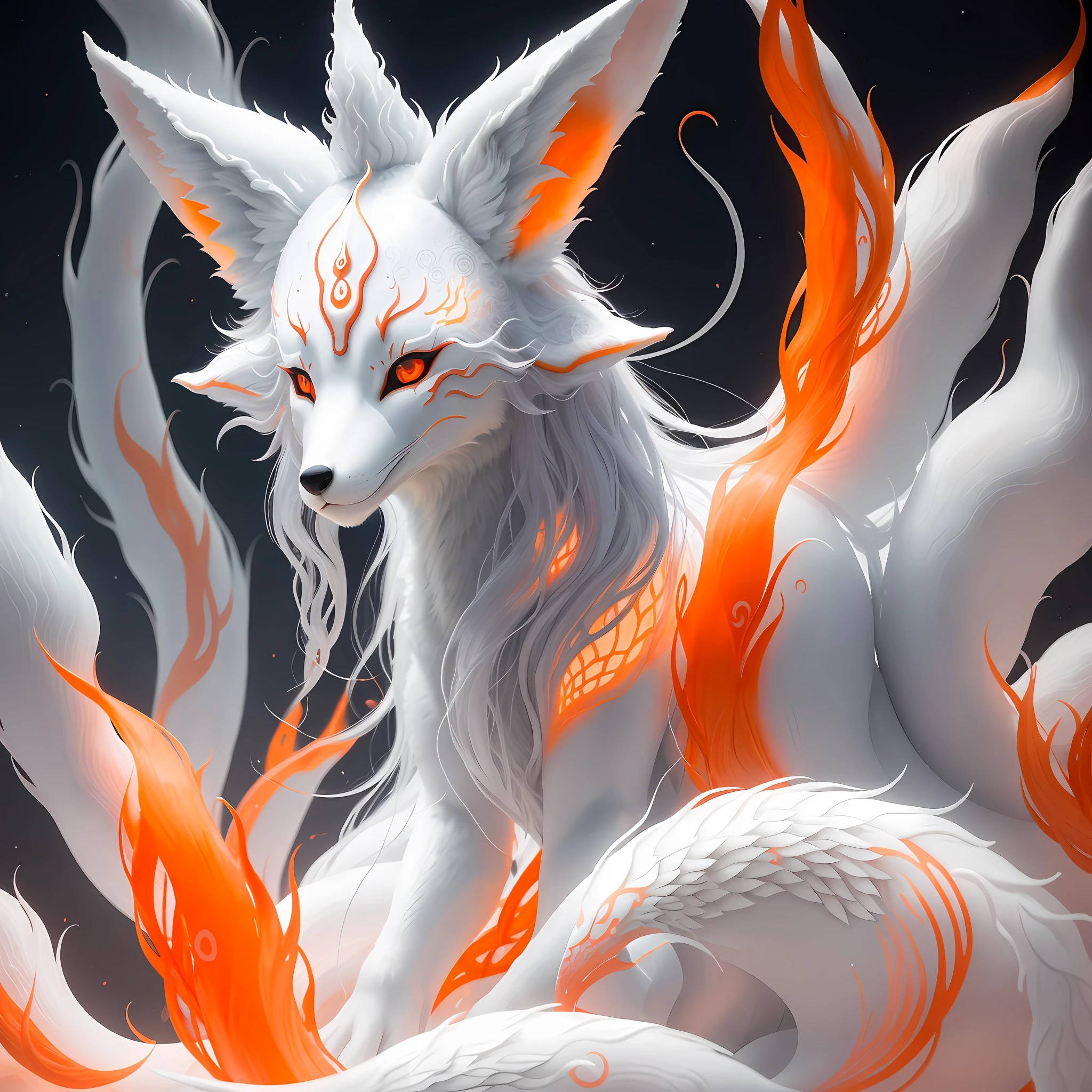 Close-up of a fox with nine tails, nine tails, nine tails, chtulhu, inspired by Sugimura Jihei, delicate and fine. tentacles, white alien squid, ghostly form, inspired by Sōami, jormungand, mystical creatures, "phoenix wallpaper"