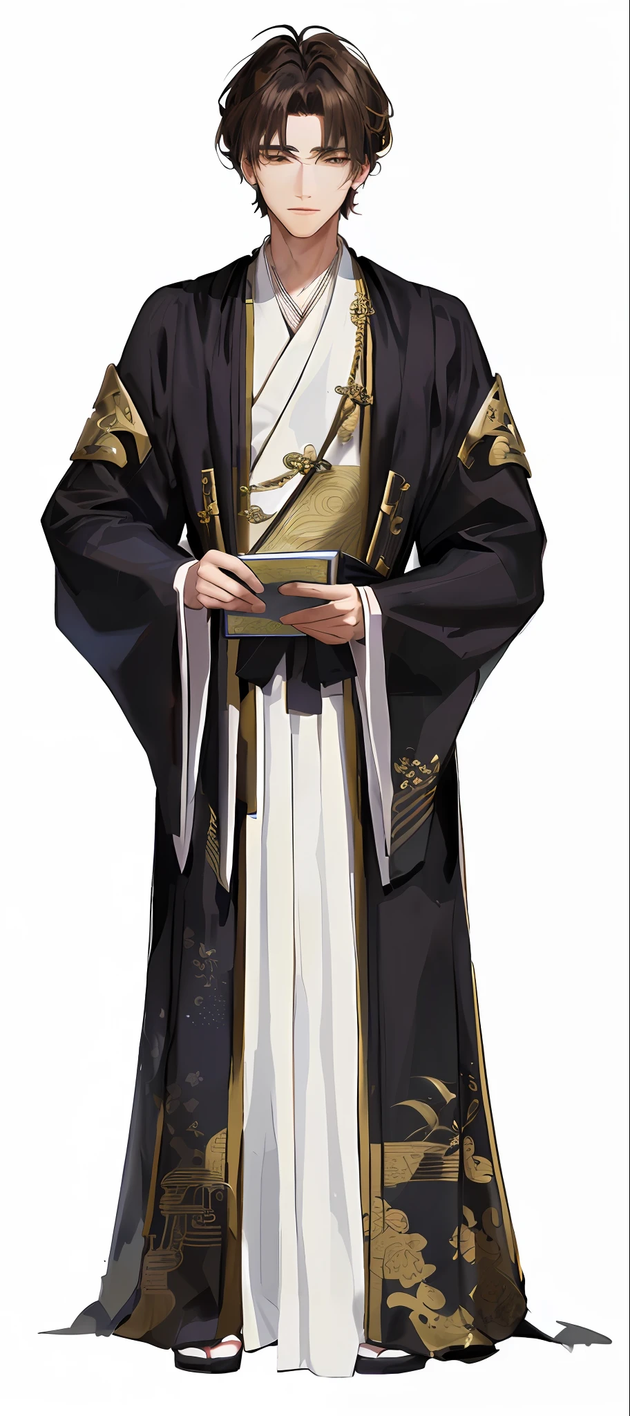 Close-up of a man holding a book in costume, ((wearing aristocratic robes)), wearing flowing robes, dark robes with gold accents, traditional Chinese costumes, patterns, Han costumes
