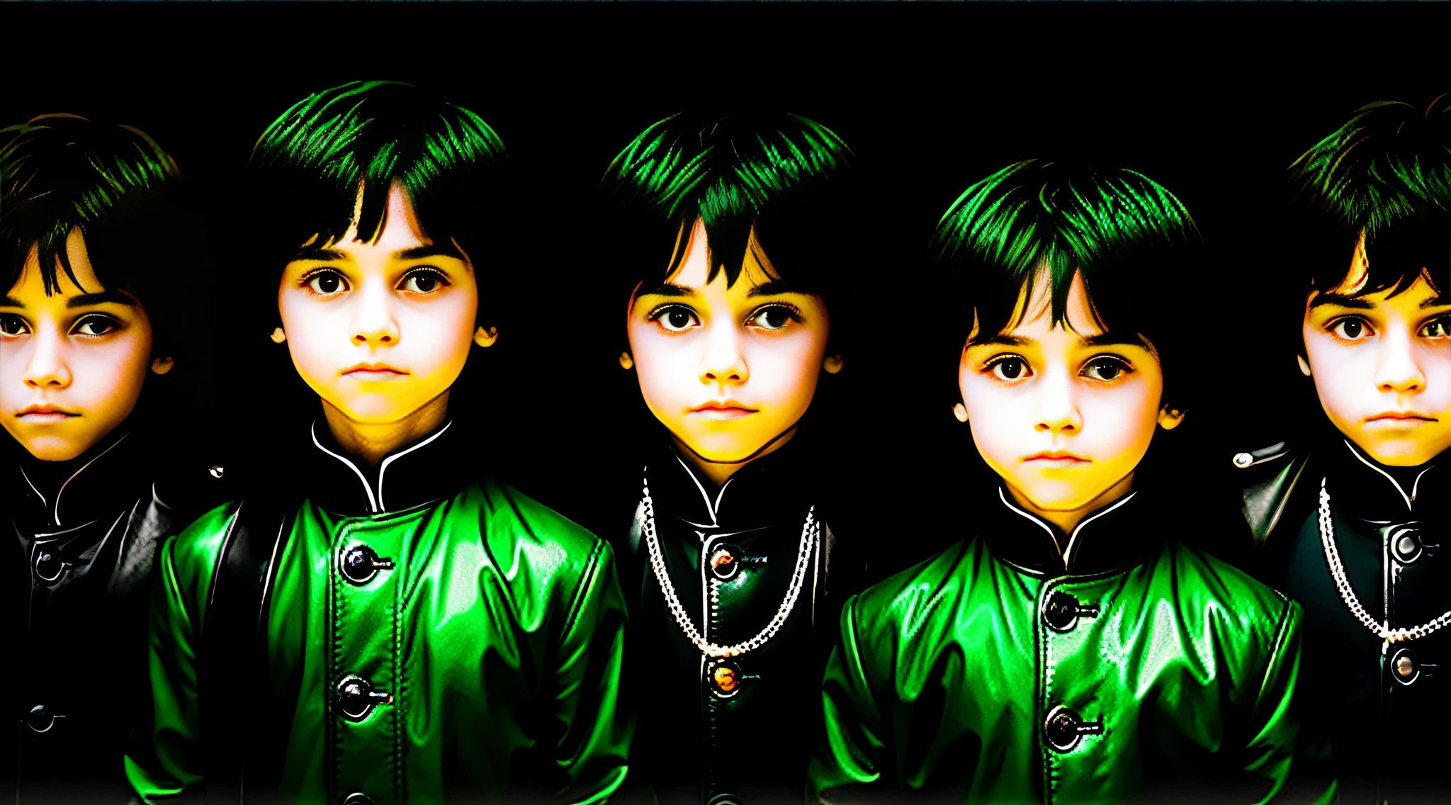 4 BOYS Russian children with 20 years of age, WITH LONG DARK STRAIGHT HAIR, WITH GREEN LEATHER OVERCOAT, PORTRAIT STYLE, WITH BLACK BACKGROUND AND ILLUMINATED IN THE BACKGROUND WITH GREEN LIGHTS.