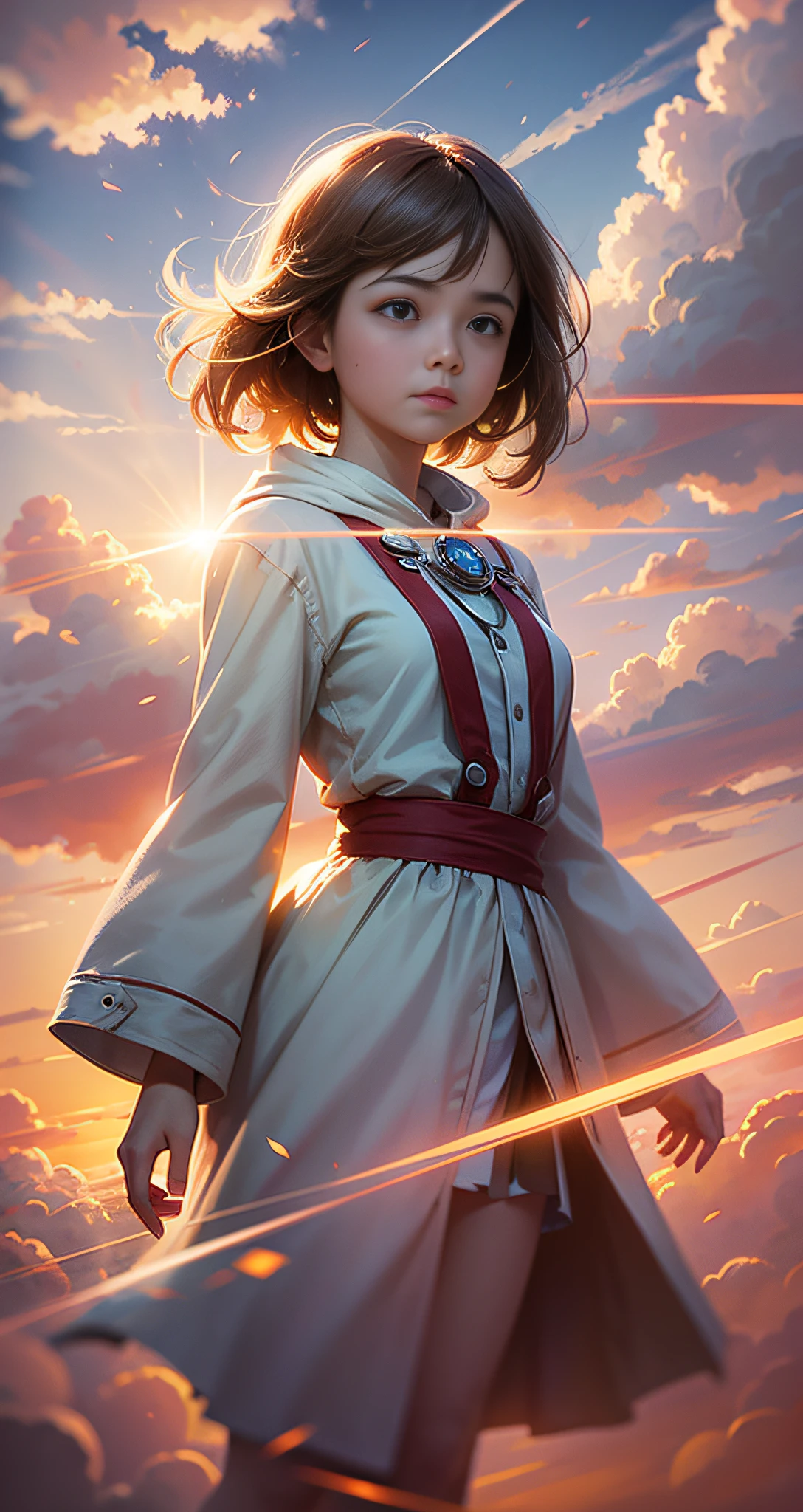 masterpiece, best quality, movie still, 1girl, cloud girl, floating in the sky, close-up, bright, happy, warm soft lighting, sunset, (sparks:0.7)