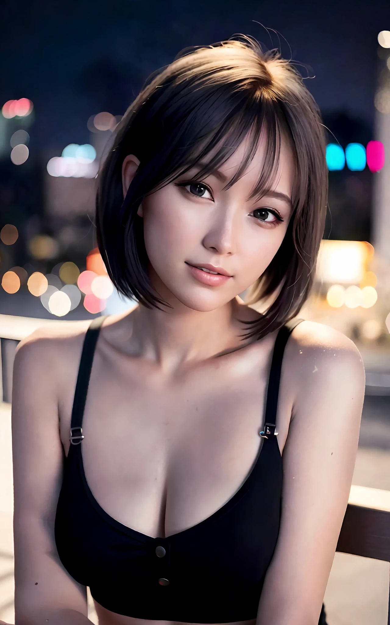(Realistic: 1.4), (highest quality: 1.4), Ultra-high resolution, (fine grain),Full Body Shot,((Pose for gravure photography)),1. High school girl、Short Cut、(Straight bangs)、,1 girl, Tokyo, night, Cityscape, City lights, Black camisole,Black pleated skirt, smile, (8k, RAW Photos, highest quality, masterpiece: 1.2), (Genuine, photoGenuine: 1.37),smile,Idol,