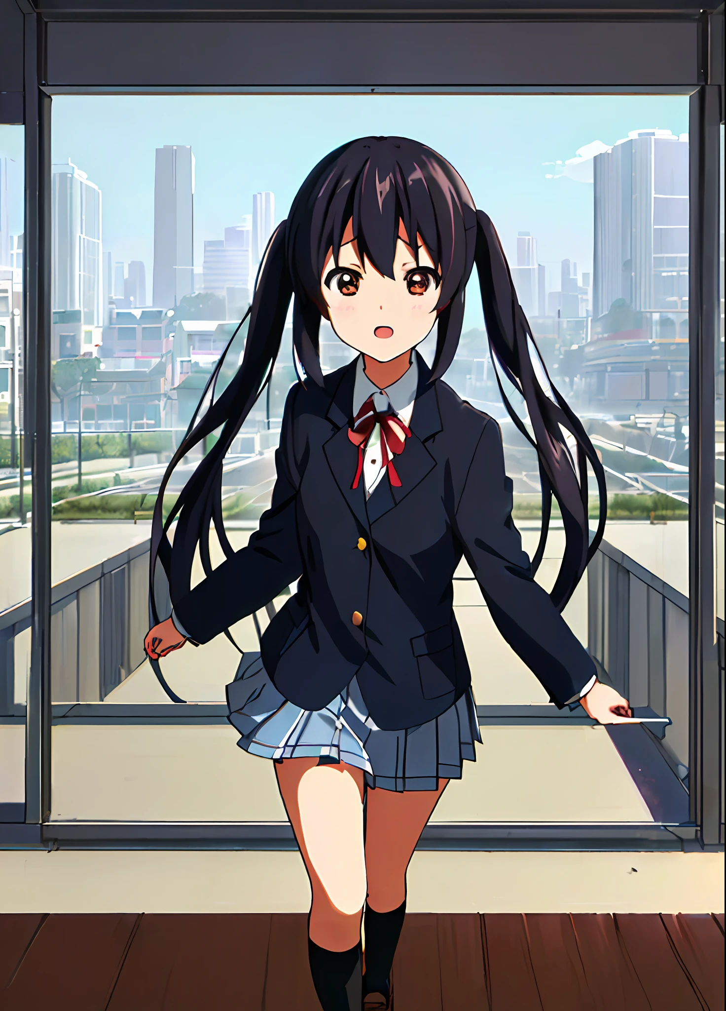 1girl, ((((Masterpiece))), Best Quality, Best Quality, High Detail, Azusa Nakano, 1girl, Sakuragaoka High School Uniform, Musical Instrument, School Uniform, Twin Tails, Long Hair, Black Hair, Brown Eyes, Solo, Red, Dark blue blazer with a thin ribbon of red, Solid white button shirt under blazer, Illustration, Cartoon, Soothing tones, Muted colors, Soft cinematic light, Adobe Lightroom, Photo Lab, HDR, complex and highly detailed, (((depth of field))))). (((Masterpiece))). (((highest quality))).) ((super detail))). (((Illustration))). (((Outside))). (((fighting stance))).,((((Giantization))).dynamic focus.small breasts. (((skyscrapers))). (((Cityscape))). (((Face of sadness))). open mouth.