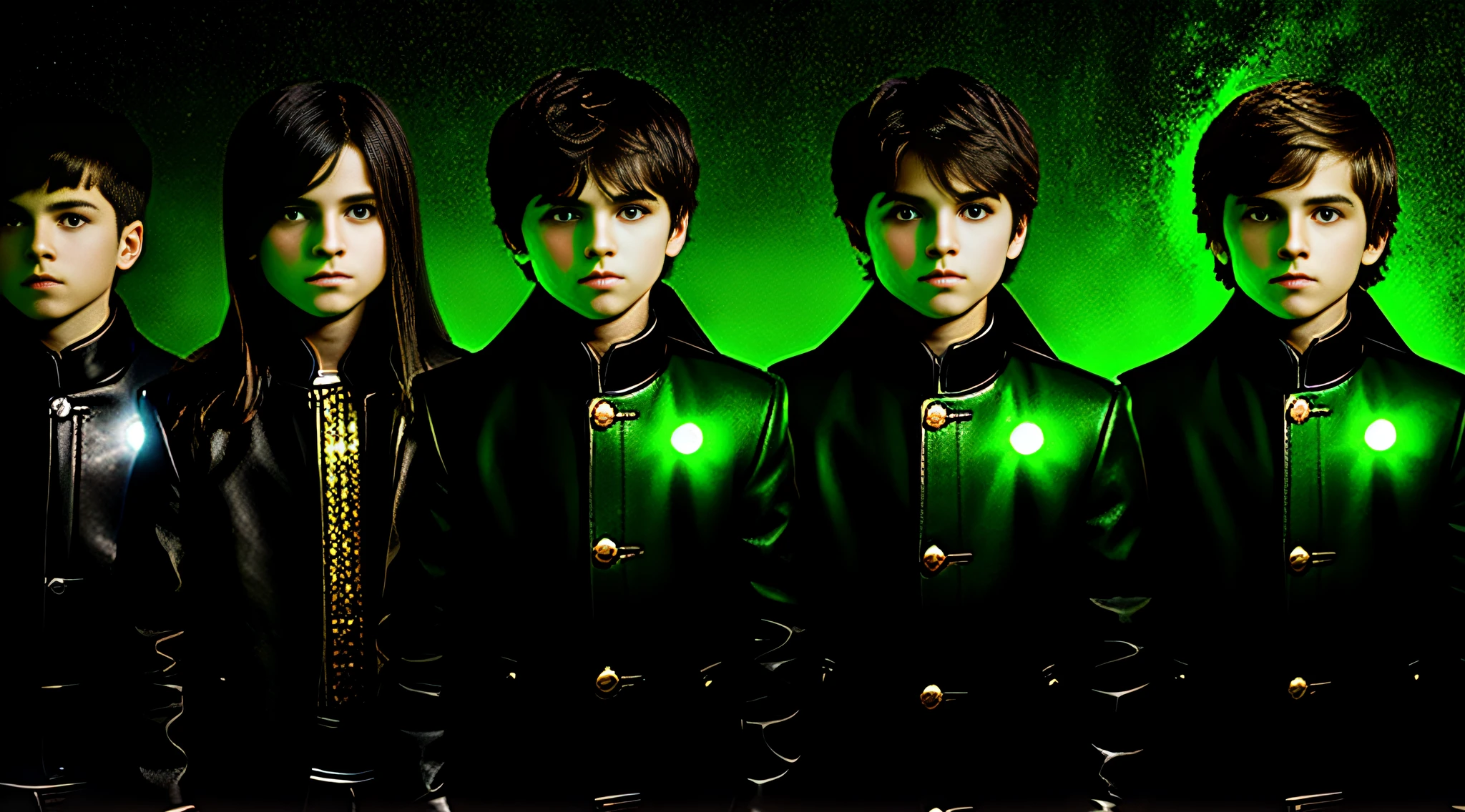4 BOYS Russian children with 20 years of age, WITH LONG DARK STRAIGHT HAIR, WITH GREEN LEATHER OVERCOAT, PORTRAIT STYLE, WITH BLACK BACKGROUND AND ILLUMINATED IN THE BACKGROUND WITH GREEN LIGHTS.