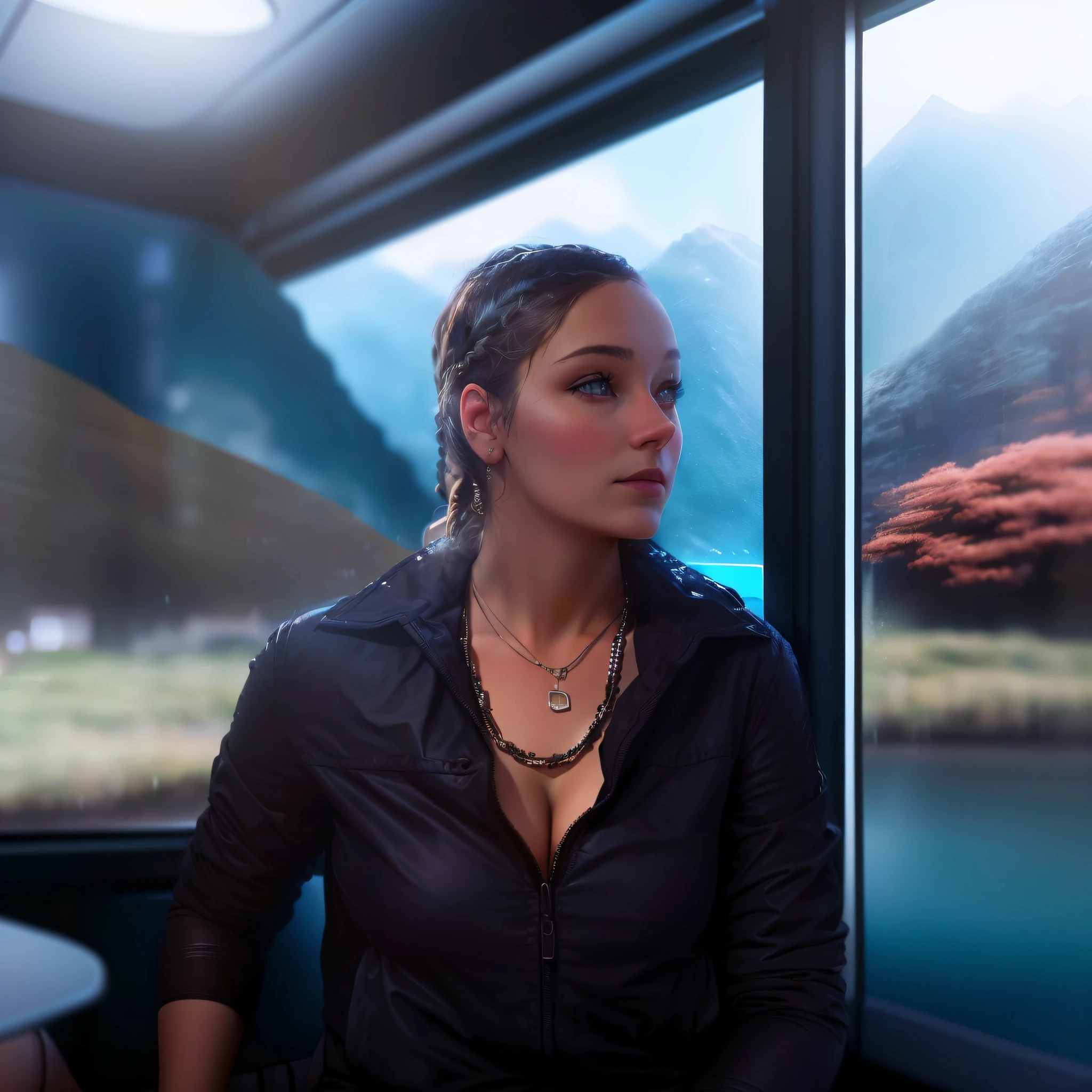 there is a woman sitting in a train looking out the window, matte painting portrait shot, lofi portrait at a window, highly detailed vfx portrait, highly detailed vfx portrait of, movie still 8 k, cinematic portrait, 8 k movie still, cinematic realistic photo, portrait shot 8 k, cinematic realistic portrait, detailed portrait shot, with cinematic lighting