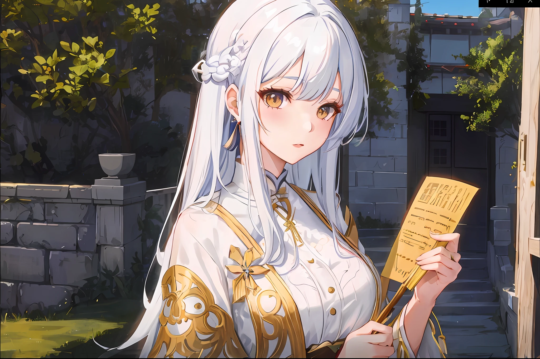 anime girl with long white hair holding a fan and a paper, ayaka genshin impact, ayaka game genshin impact, keqing from genshin impact, zhongli from genshin impact, genshin impact character, white haired deity, from the azur lane videogame, genshin, characters from azur lane, guweiz