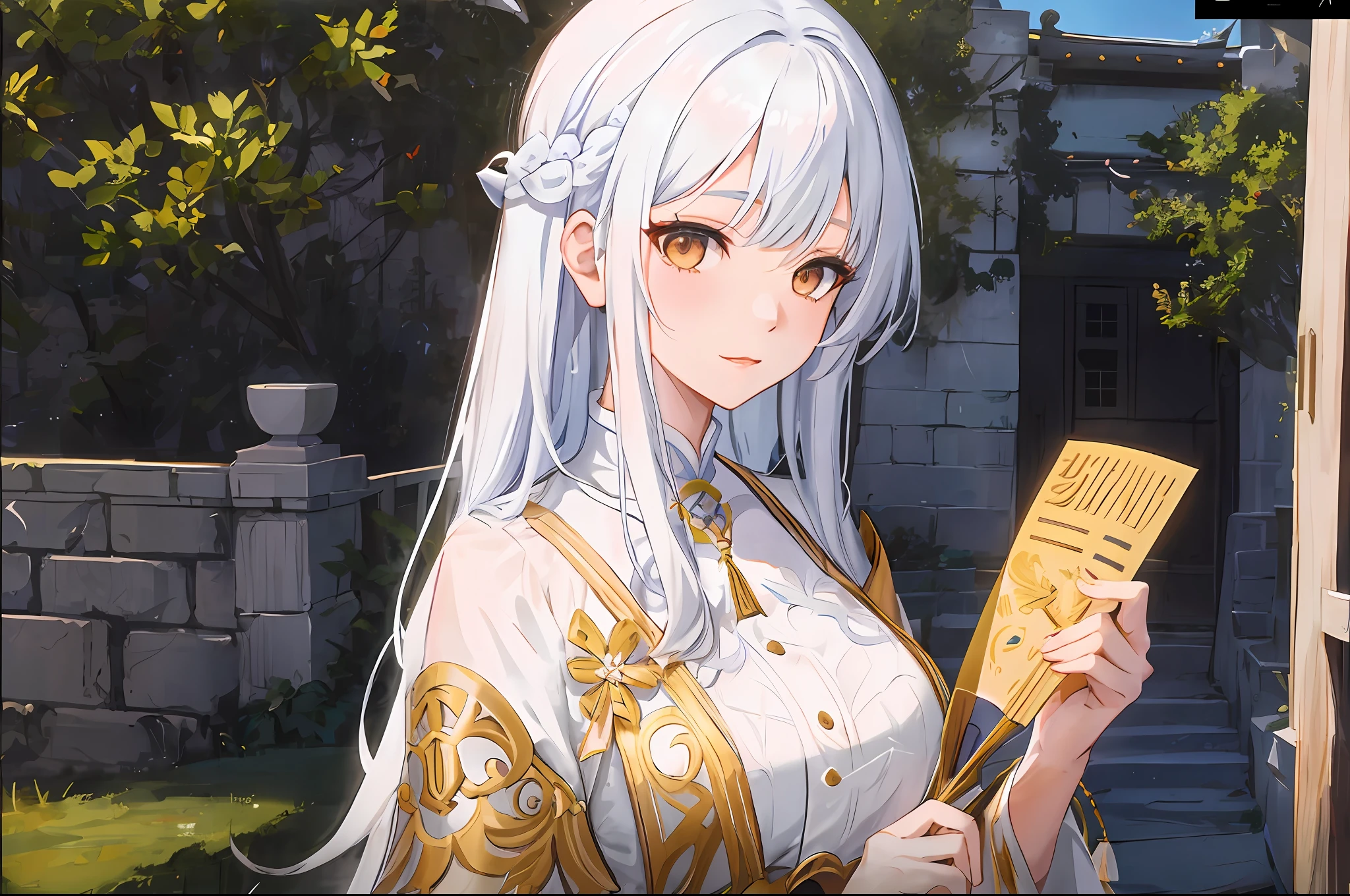 anime girl with long white hair holding a fan and a paper, ayaka genshin impact, ayaka game genshin impact, keqing from genshin impact, zhongli from genshin impact, genshin impact character, white haired deity, from the azur lane videogame, genshin, characters from azur lane, guweiz