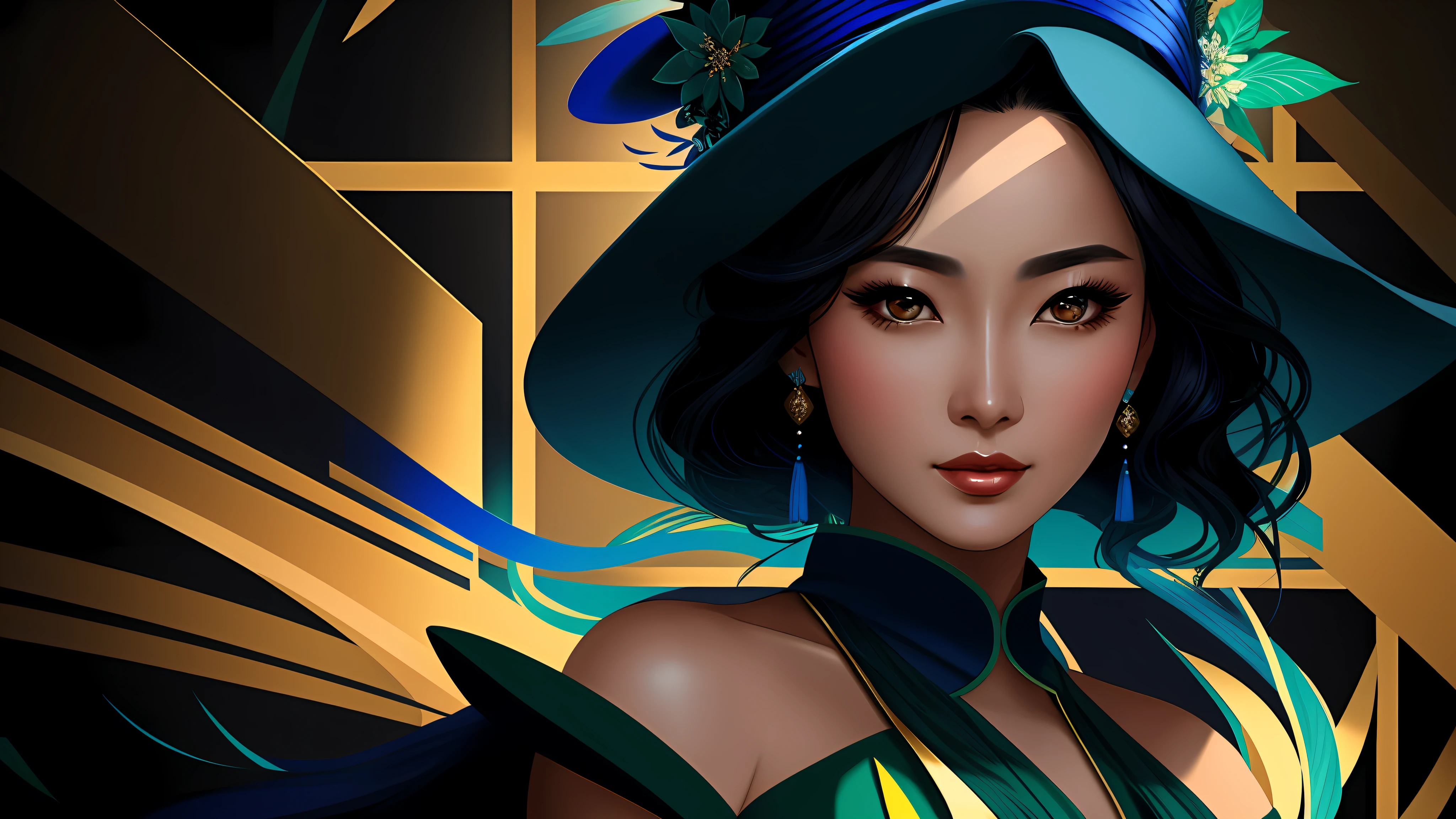 a close up of one beautiful asian woman (character at the right), dark green and blue modern dress, elegant hat, 8k, digital art, stunning digital illustration, no text, dark blue colored abstract background, music elements